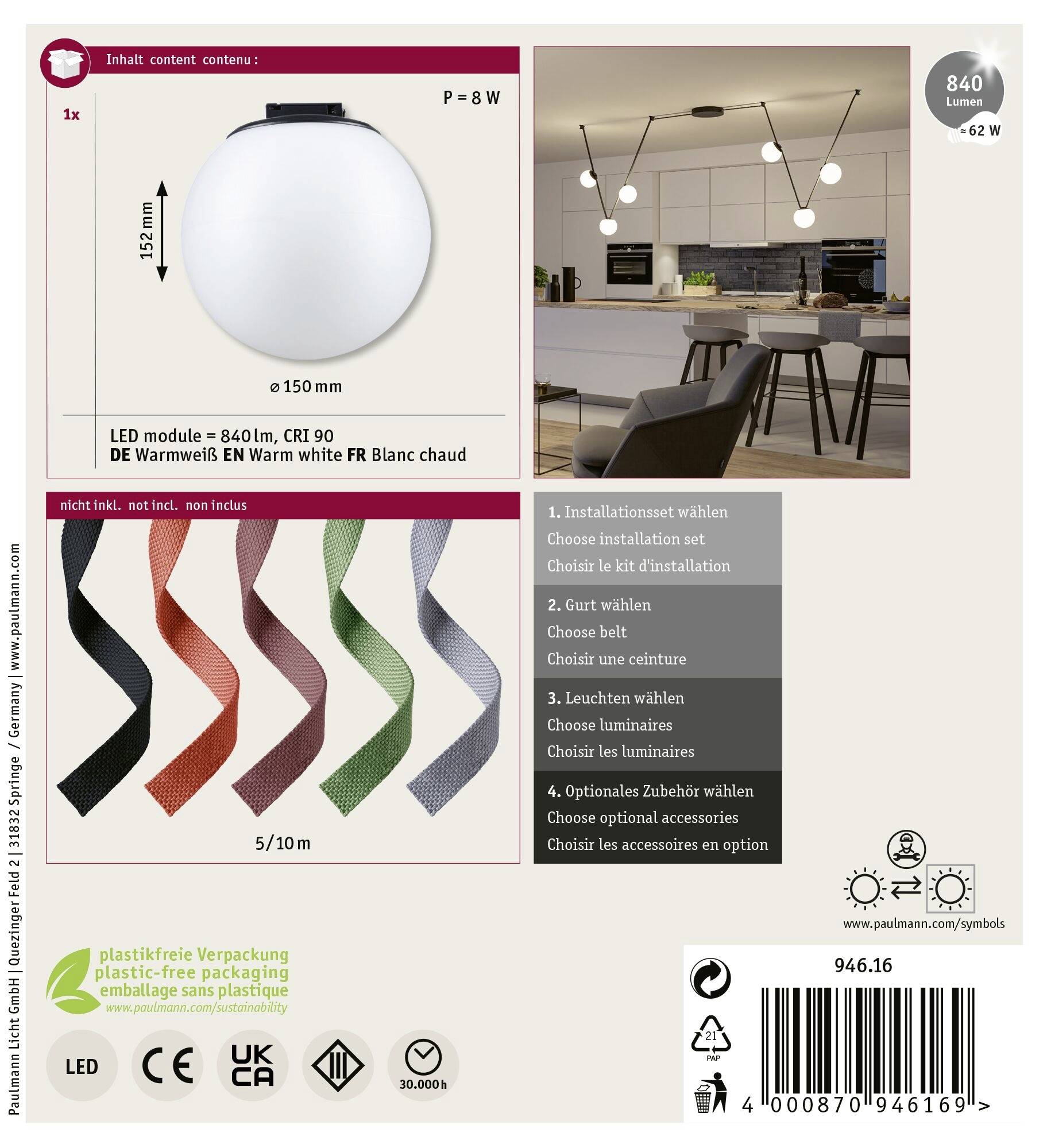 Ein LED-Licht mit 8 W. Abbildung eines Tischs mit mehreren Stühlen darunter. Vier bunte Streifen repräsentieren verschiedene Farboptionen.