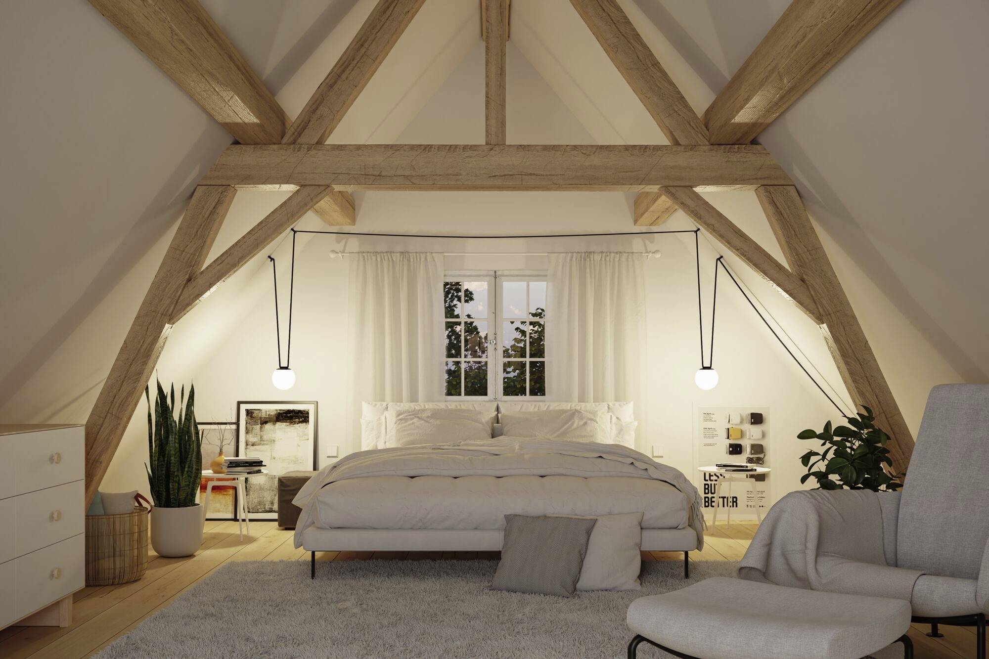 Gemütliches Schlafzimmer im Dachbodenstil mit Holzbalken. Doppelbett, zwei hängende Lampen, Pflanzen und ein Fenster im Hintergrund.