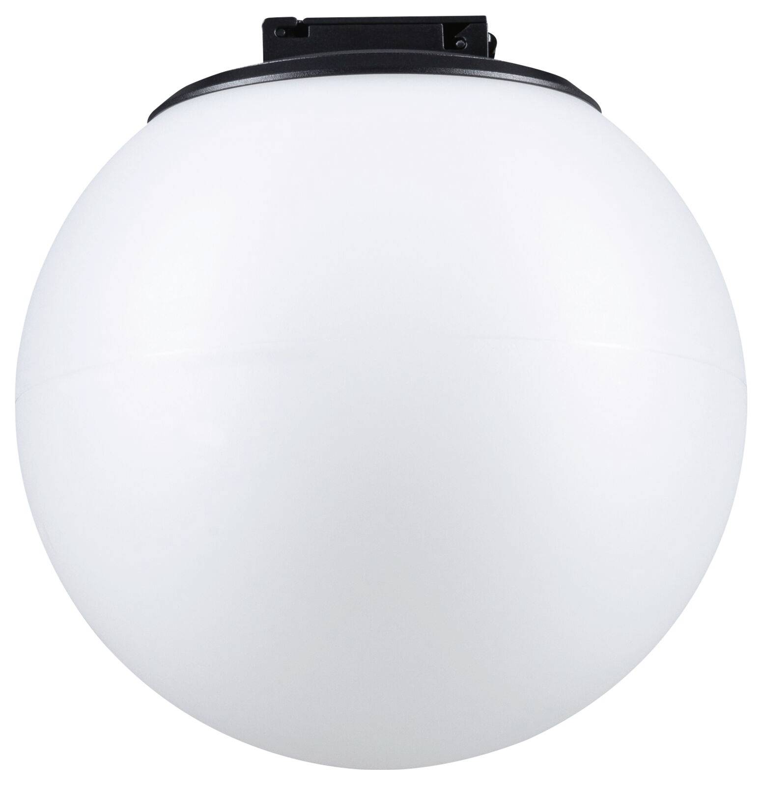 Eine weiße, kugelförmige Leuchte mit schwarzem Sockel, geeignet für Deckenmontage.