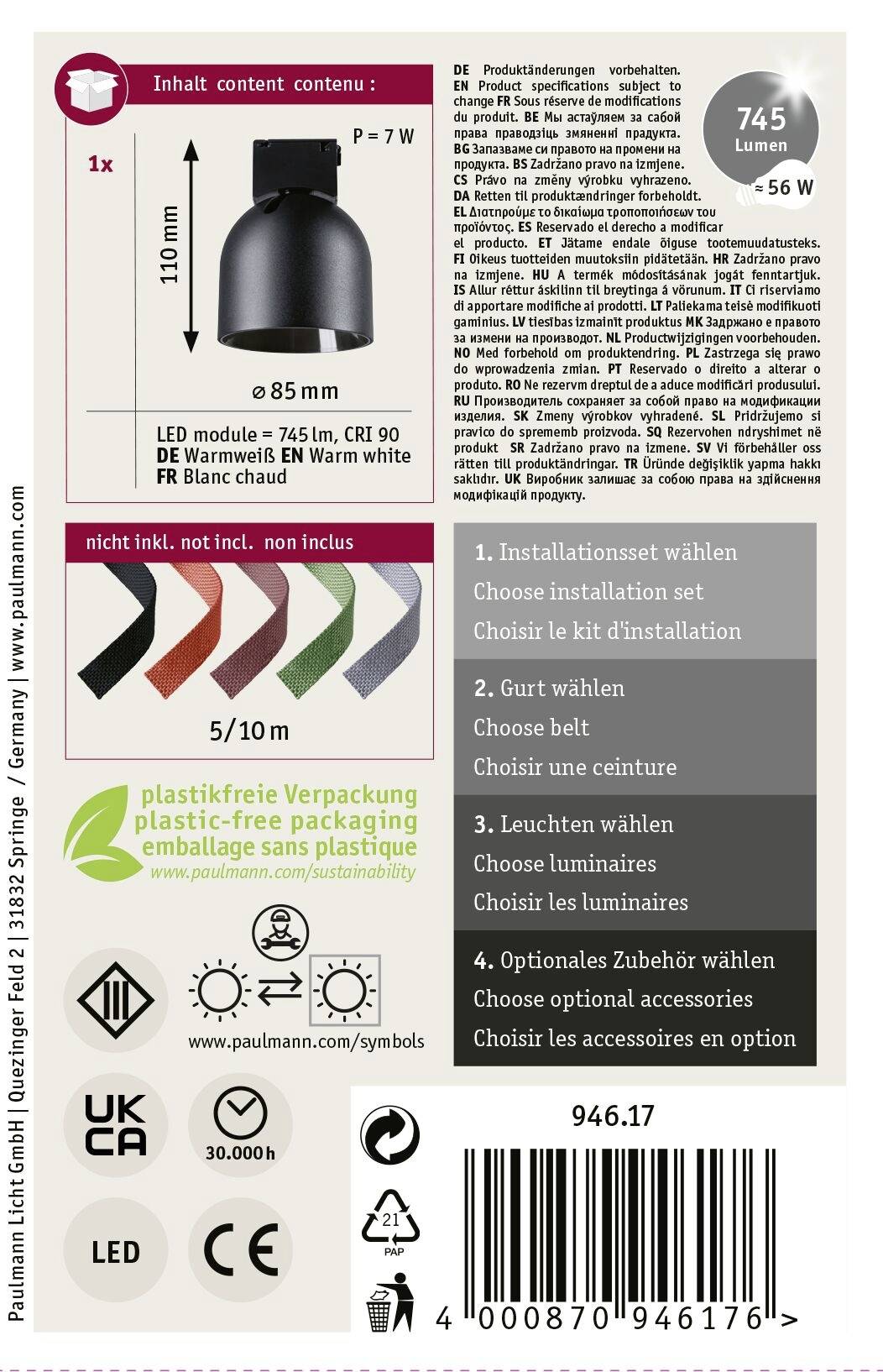 Produktverpackung von LED-Modul: Installationstipps, 7W, 745lm, plastikfreie Verpackung, recycelbare Materialien.