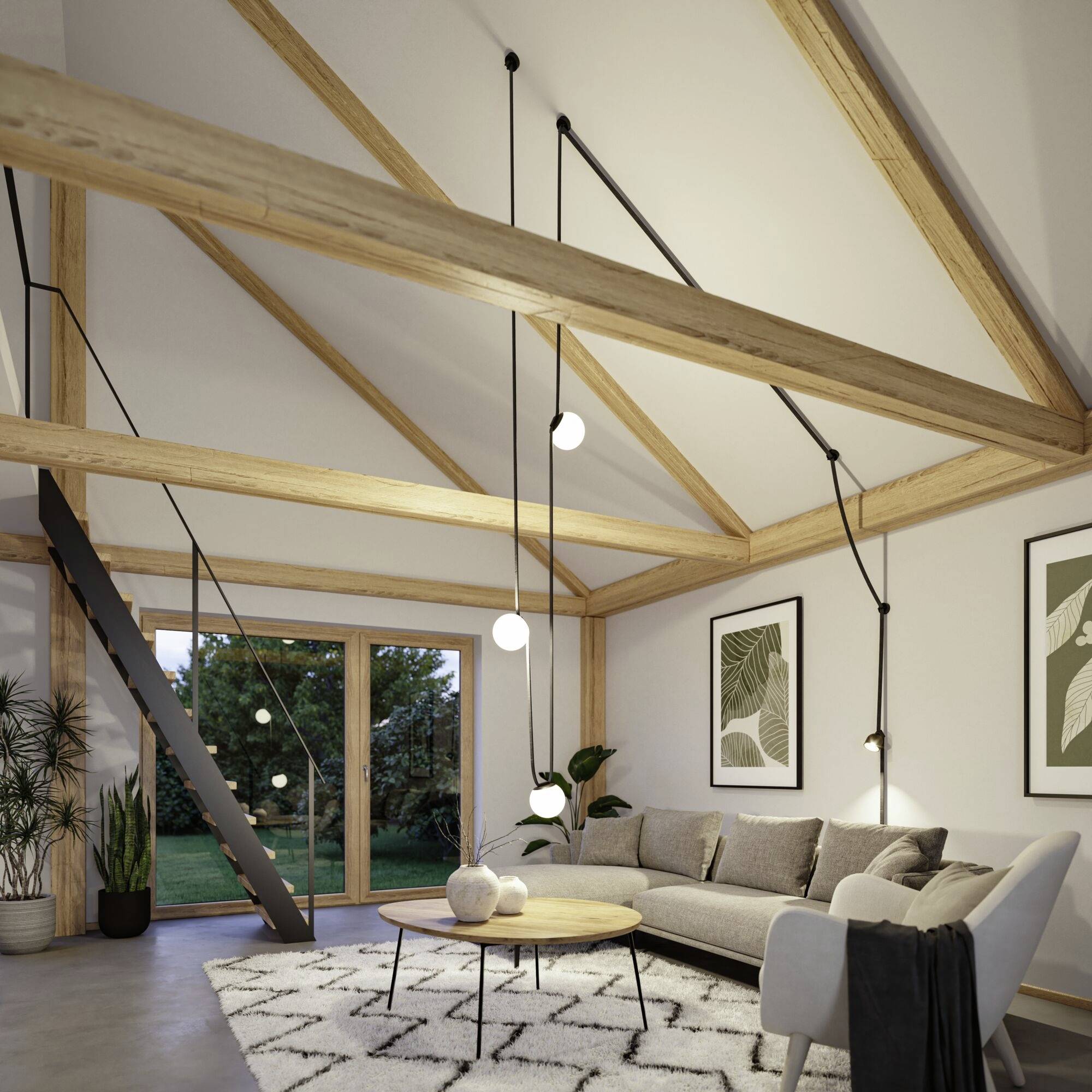 Helles Wohnzimmer mit Holzbalkendecke, modernen Möbeln und großen Fenstern. Gemütliche Atmosphäre mit Pflanzen und Wandkunst.