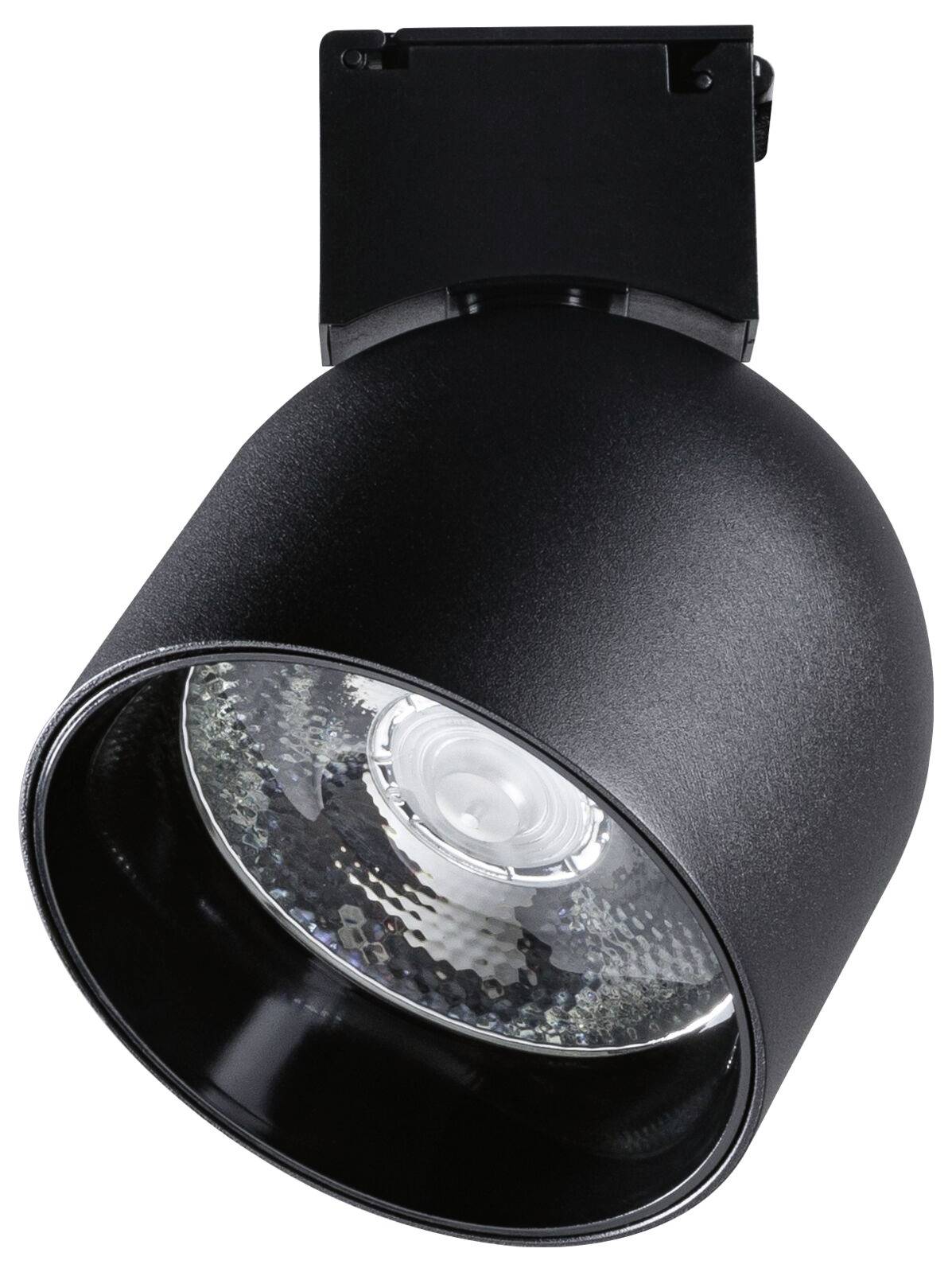 Eine schwarze Deckenleuchte mit reflektierendem Innenraum und zentralem Leuchtmittel, geeignet für moderne Innenraumbeleuchtung.