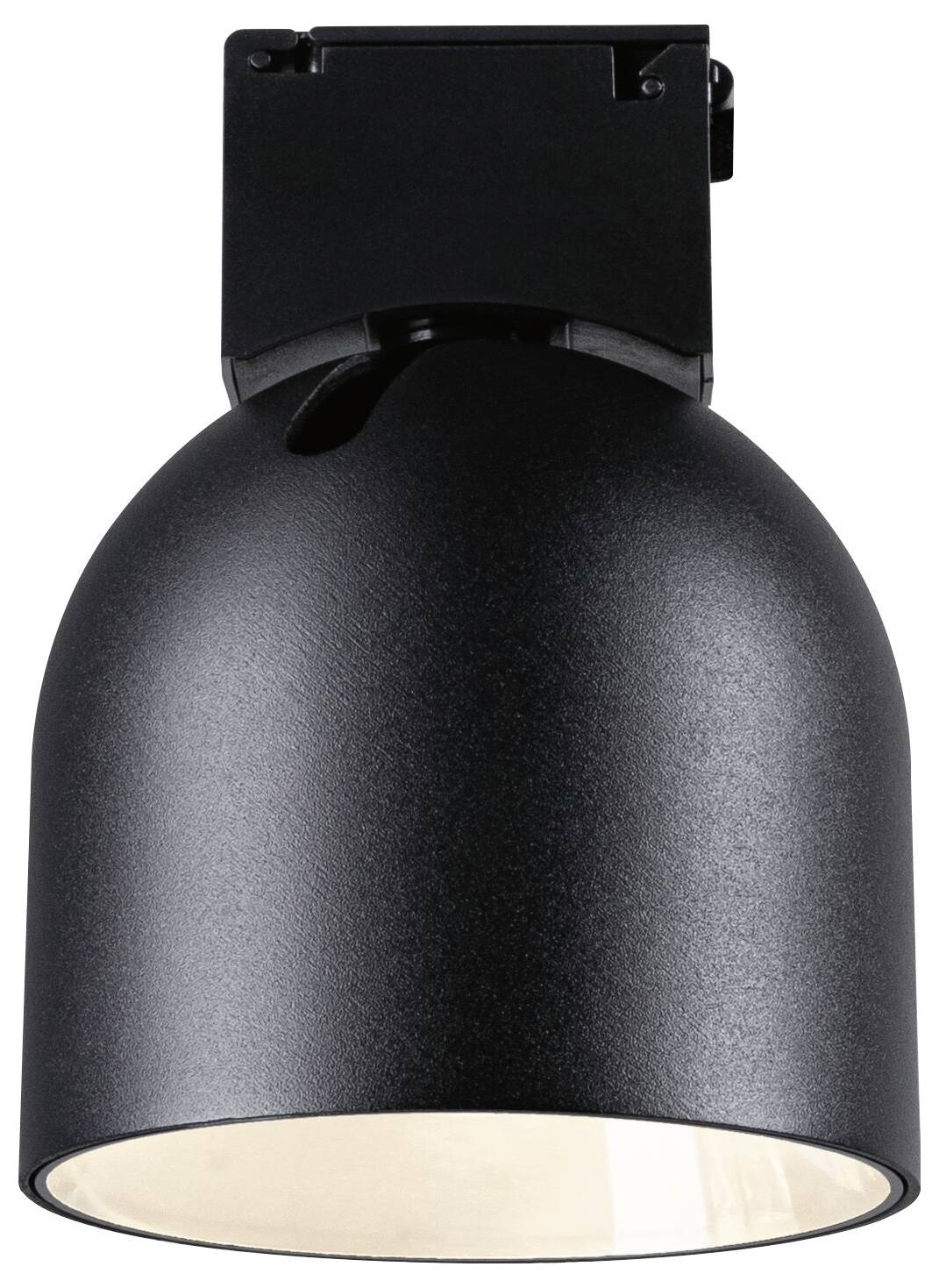 Eine schwarze, moderne Hängelampe mit schlichter, kuppelförmiger Gestaltung und mattem Finish hängt von der Decke.