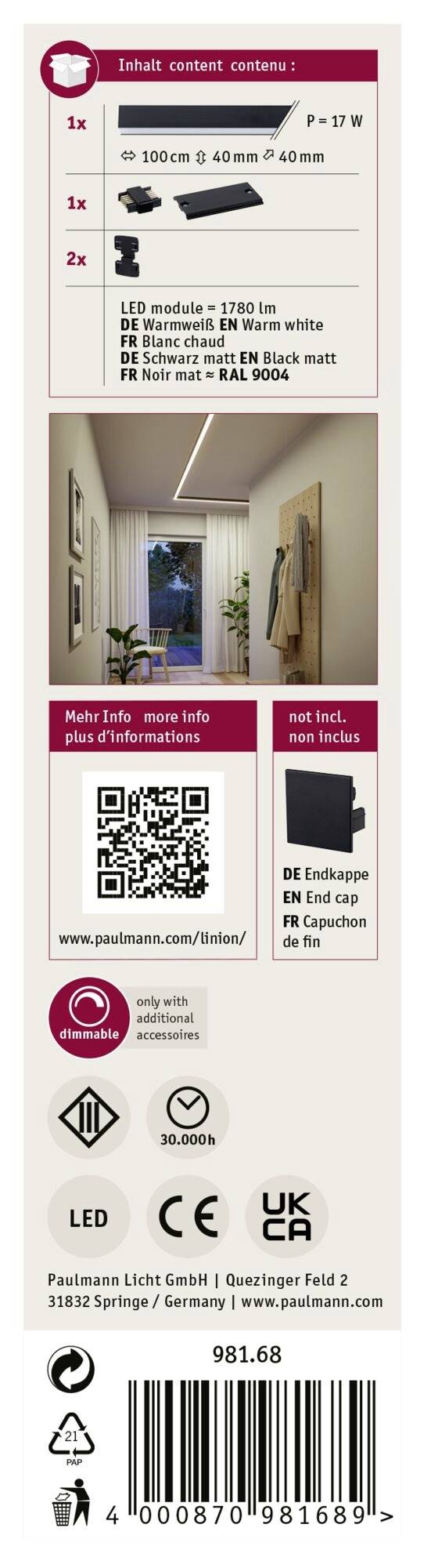 Das Bild zeigt eine Produktverpackung für eine LED-Leuchte. Enthalten sind eine Deckenleuchte, ein LED-Modul, ein QR-Code und Garantie-Infos.