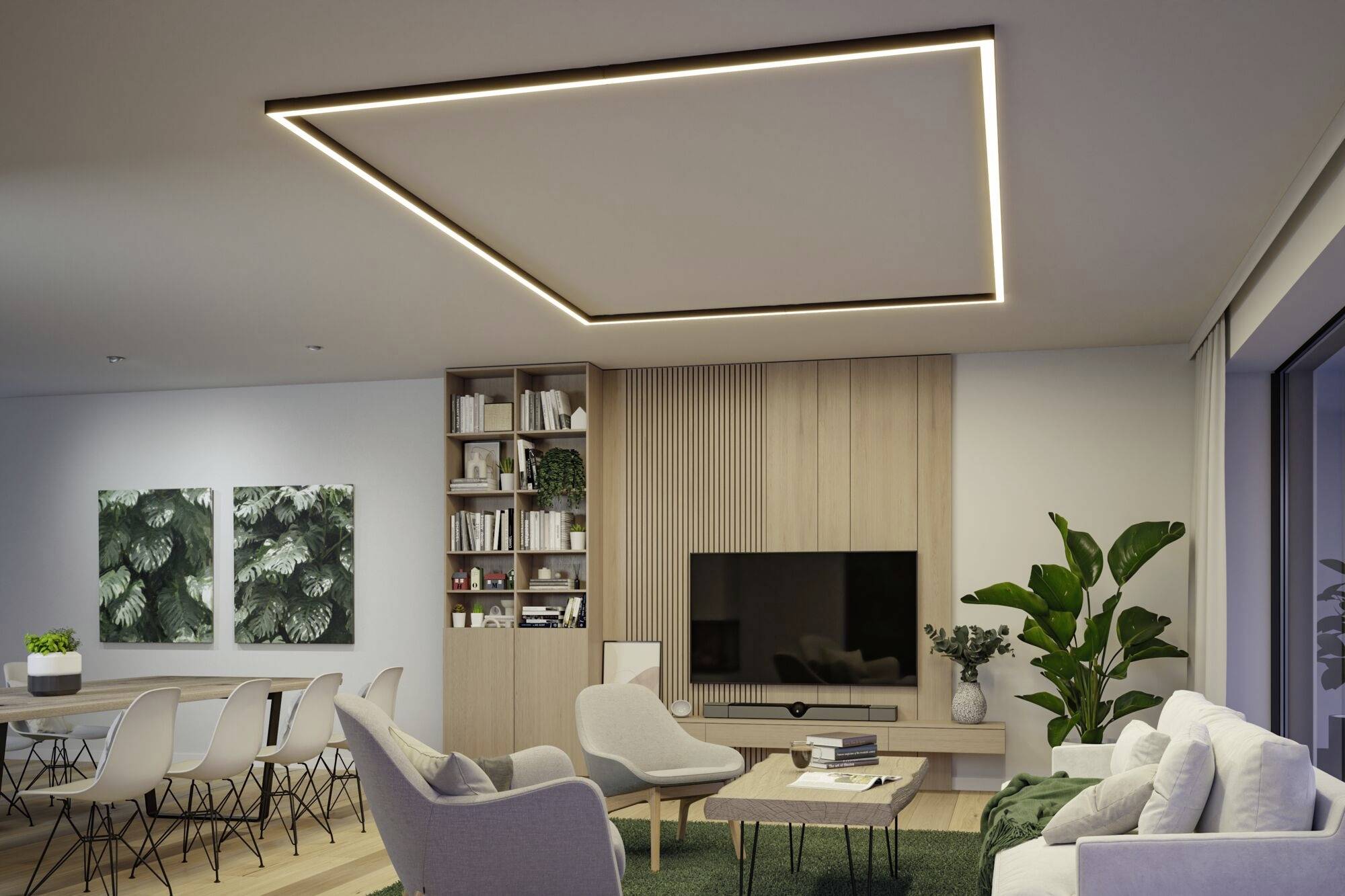 Modernes Wohnzimmer mit hölzernem Fernseherregal, stilvollen Möbeln, großem Tisch und Pflanzen. Dezente Beleuchtung an der Decke.