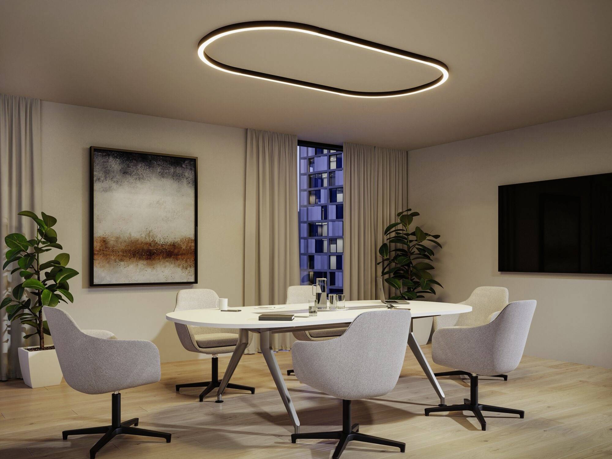 Modernes Besprechungszimmer mit ovalem Tisch, sechs hellgrauen Stühlen, abstraktem Bild an der Wand und moderner Deckenleuchte.