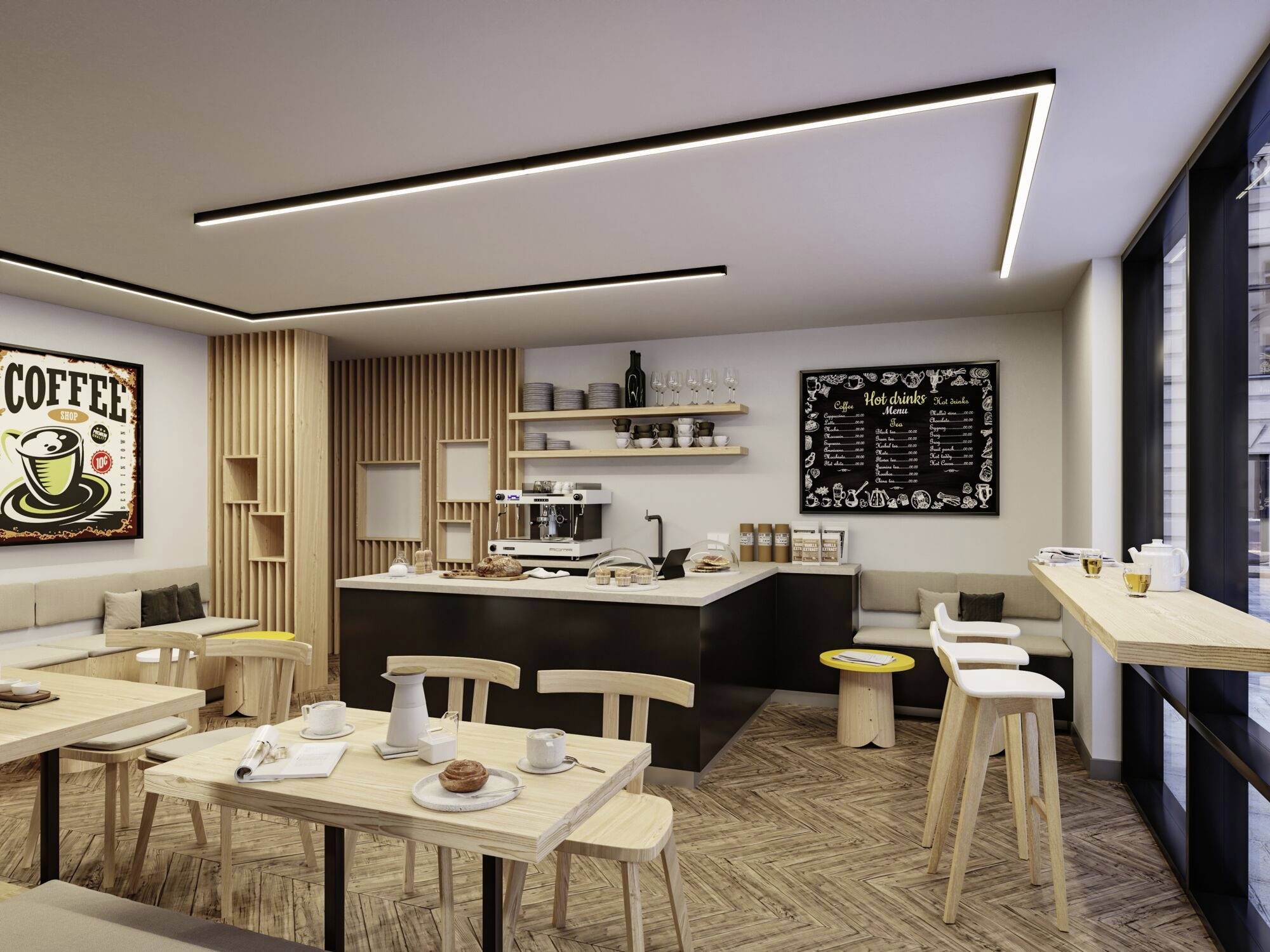 Ein modernes Café mit Holzmöbeln. An der Wand hängt ein großes 'Coffee'-Schild. Ein Tresen mit Kaffeemaschine und eine Tafel sind sichtbar.