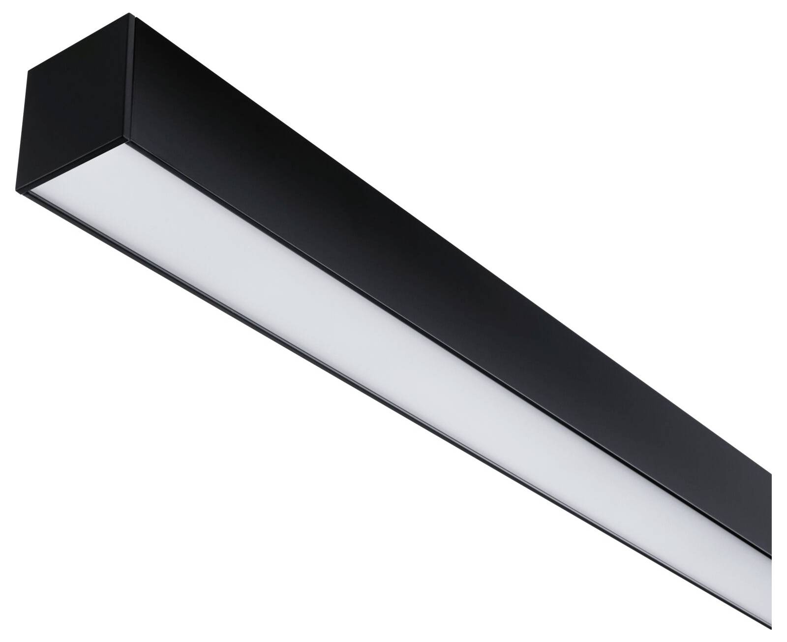 Eine moderne, schwarze Deckenleuchte in rechteckiger Form mit weißer Abdeckung, geeignet für minimalistische Innenräume.