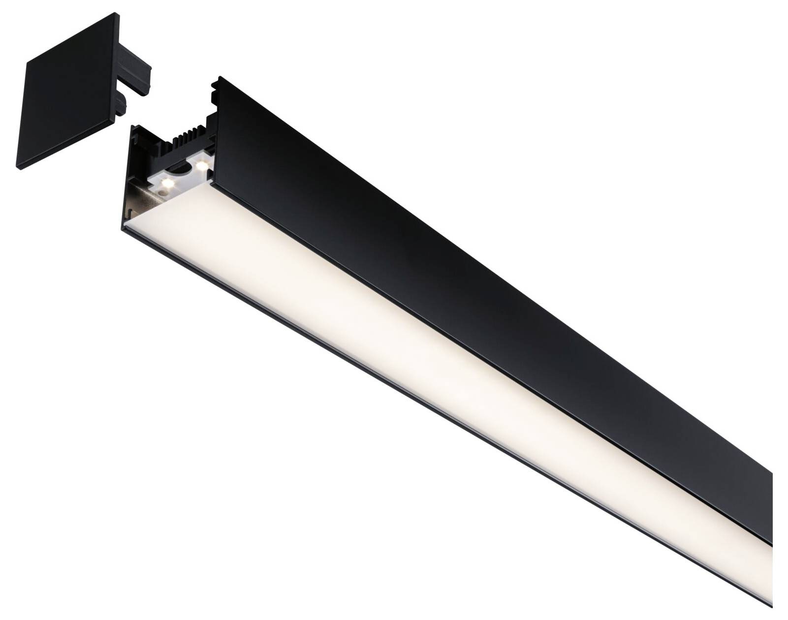 Schwarzes LED-Lichtsystem in rechteckiger Form mit abnehmbarem Endstück. Geeignet für moderne Innenraumbeleuchtung.