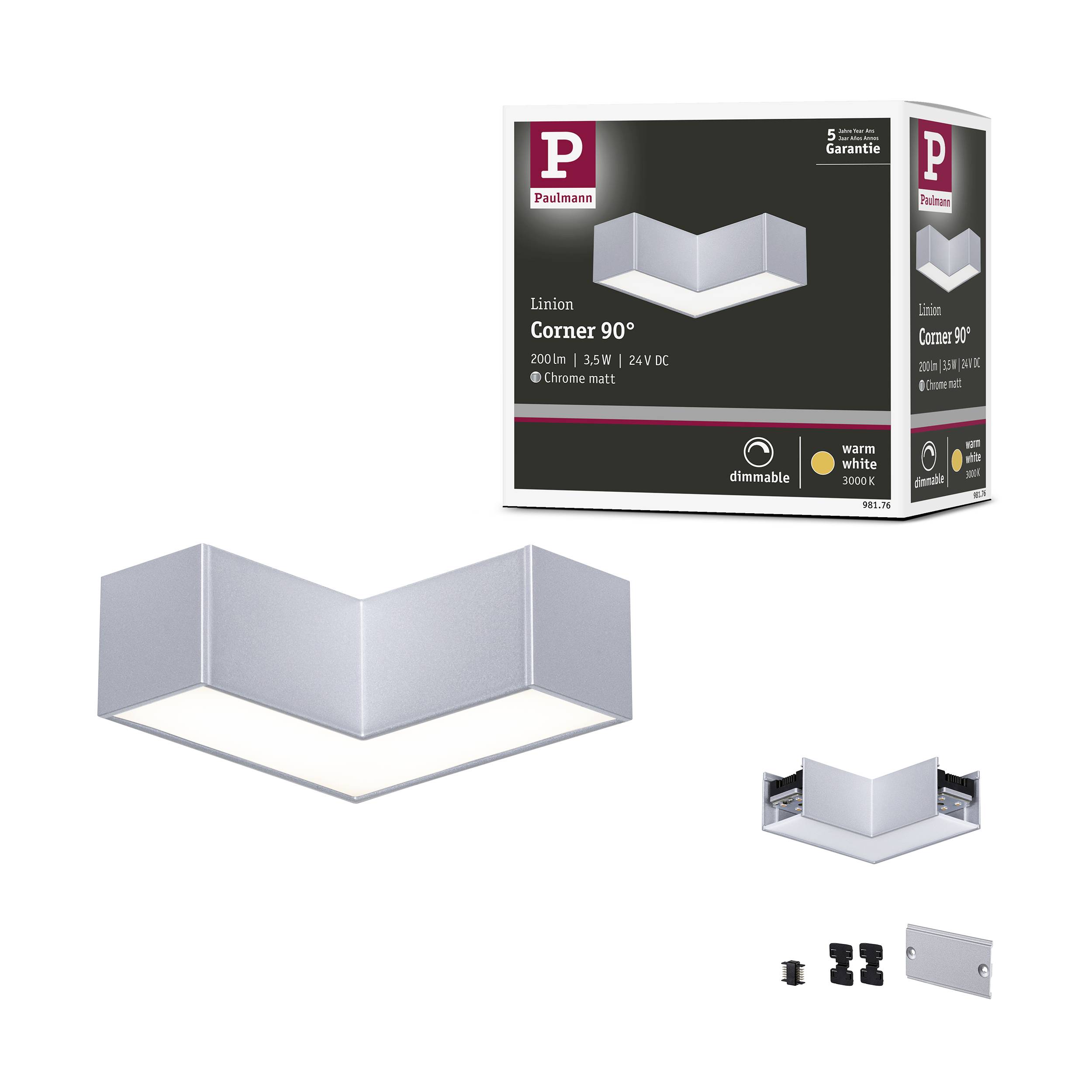 Leuchte für Ecken mit 90°-Winkel von Paulmann, chrom matt, dimmbar, warmweißes Licht, 350 Lumen, für modernes Raumdesign.
