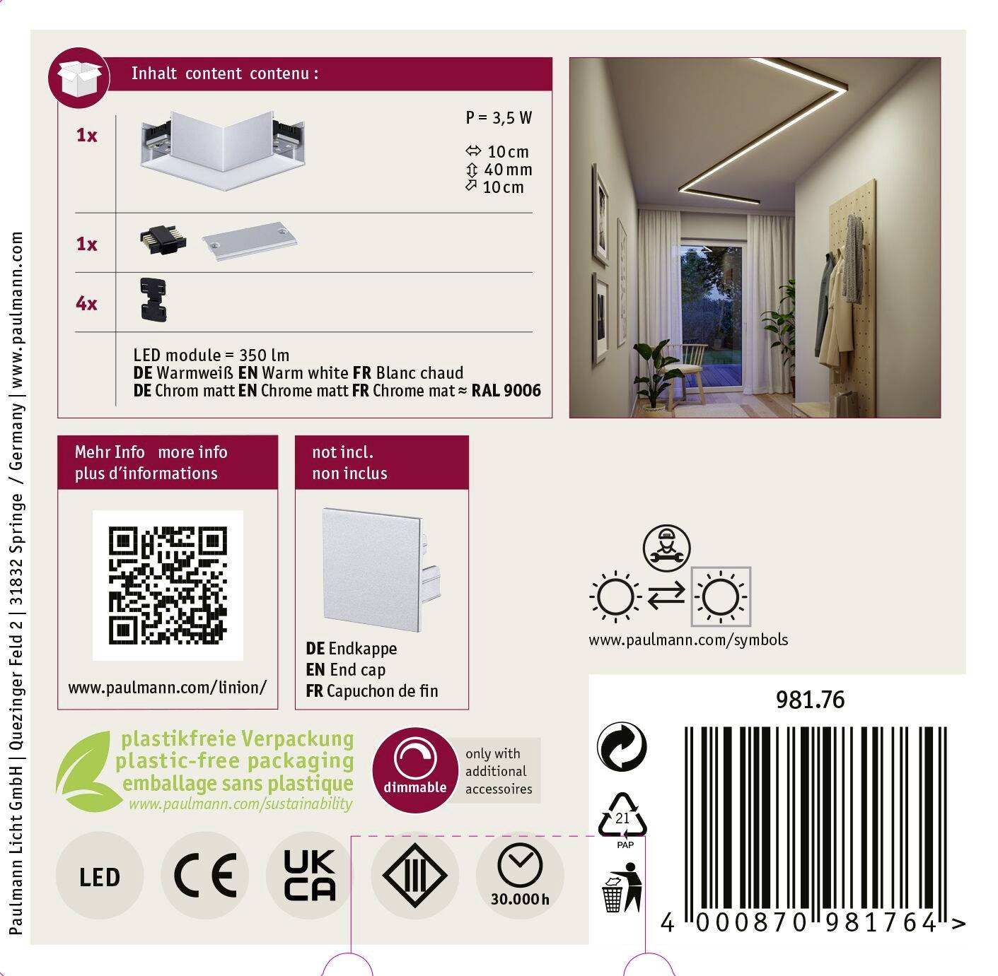 Produktverpackung für eine LED-Leuchte mit textlichen Informationen: LED-Modul 350 lm, warmweiße Farbe, Länge 40 cm. Enthält Symbole für recyclingfreundliche Verpackung.