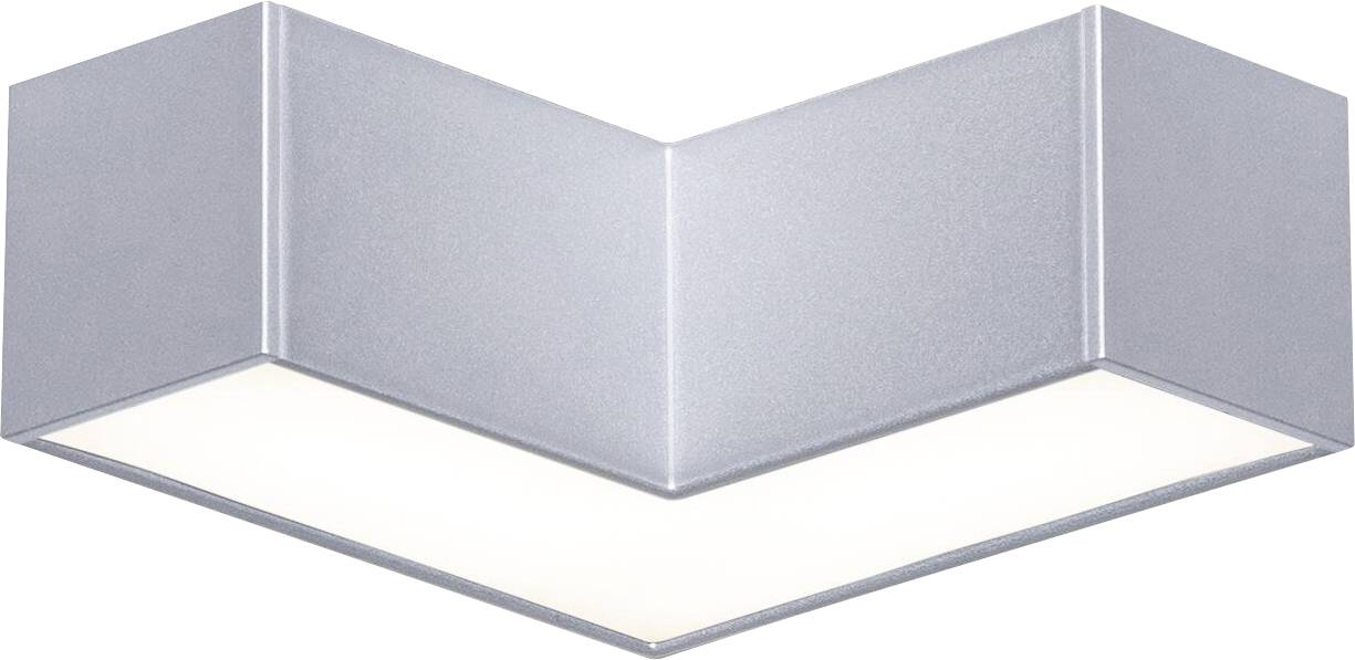 Graue, eckige Deckenleuchte mit V-Form, mattes Finish. Diffuses Licht strahlt nach unten. Modernes Design, ideal für minimalistische Räume.