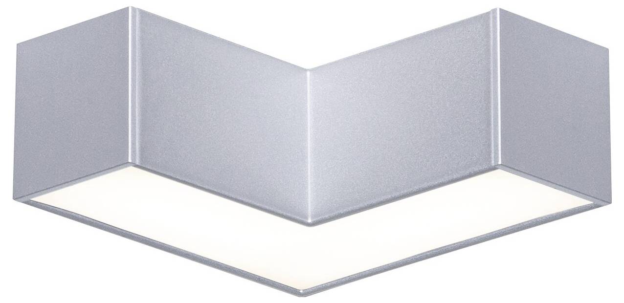 Silberne, V-förmige Deckenleuchte mit schlichtem Design, die gleichmäßiges Licht abstrahlt. Geeignet für moderne Innenräume.