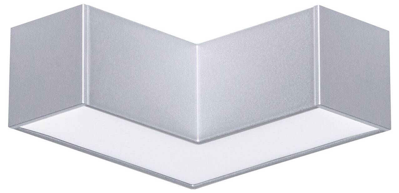 Graue, V-förmige LED-Deckenleuchte aus Metall mit weißer Unterseite.