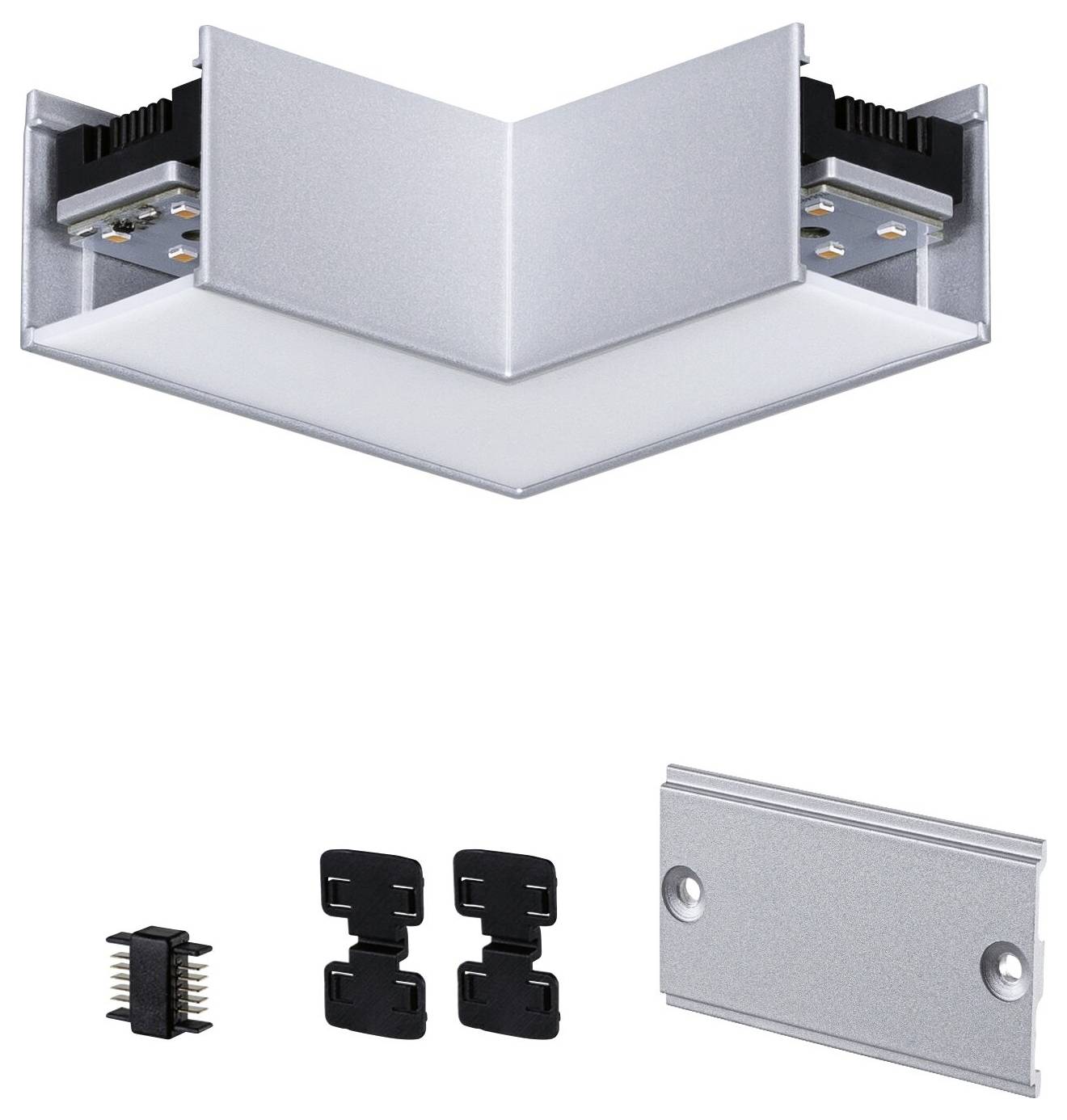 Silberne L-förmige Aluminiumschiene für LED-Lichtstreifen, inklusive Montagezubehör und Endkappen, auf weißem Hintergrund abgebildet.