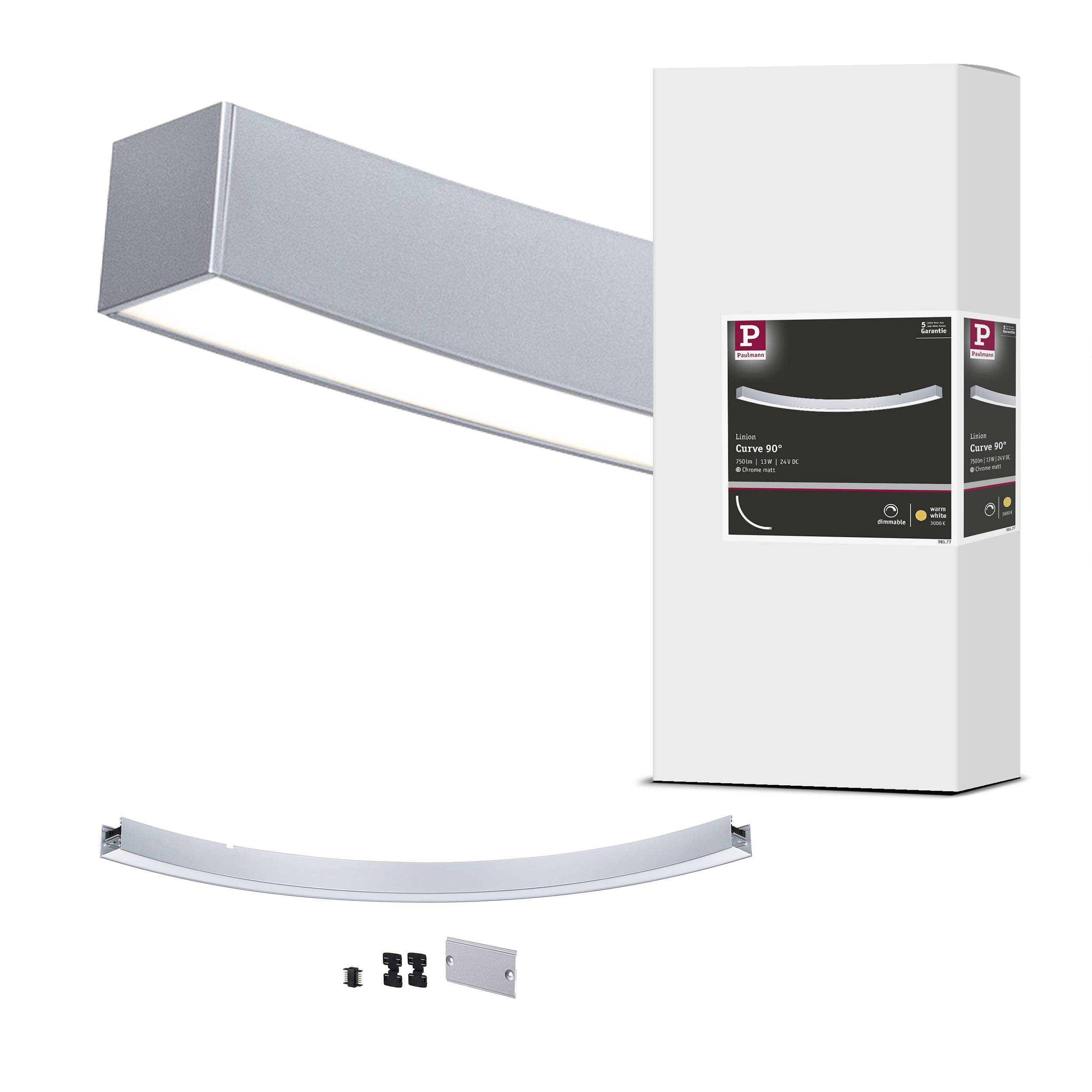 Silberne gebogene Deckenleuchte von 'Project Source' neben der Verpackung. Zeigt Montagematerial und Designdetails.