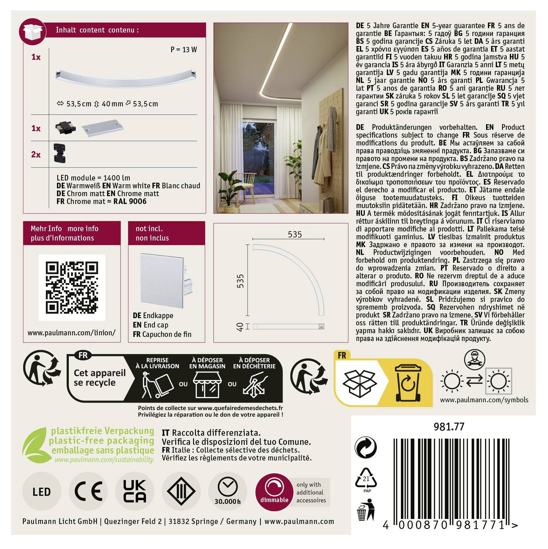 Enthalten sind: LED-Modul, Balken, Endkappe. Bild zeigt Beleuchtungsinstallation. Hinweis auf plastikfreie Verpackung.