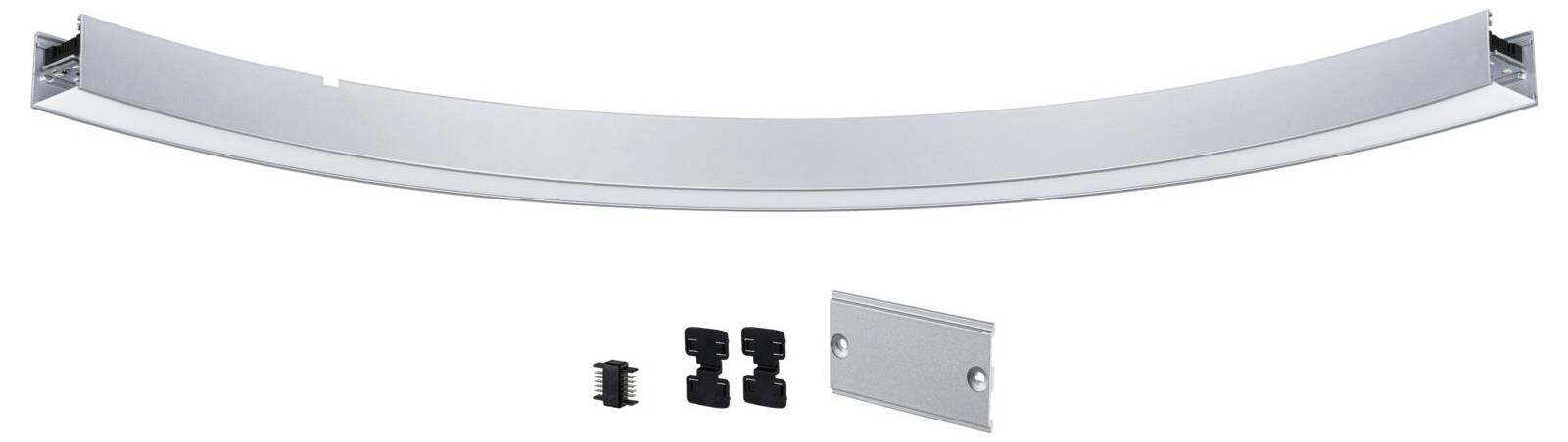 Gebogenes Aluminiumprofil mit Zubehörteilen darunter, wie zwei schwarzen Halterungen und einer kleinen Abdeckplatte mit Schraubenlöchern.