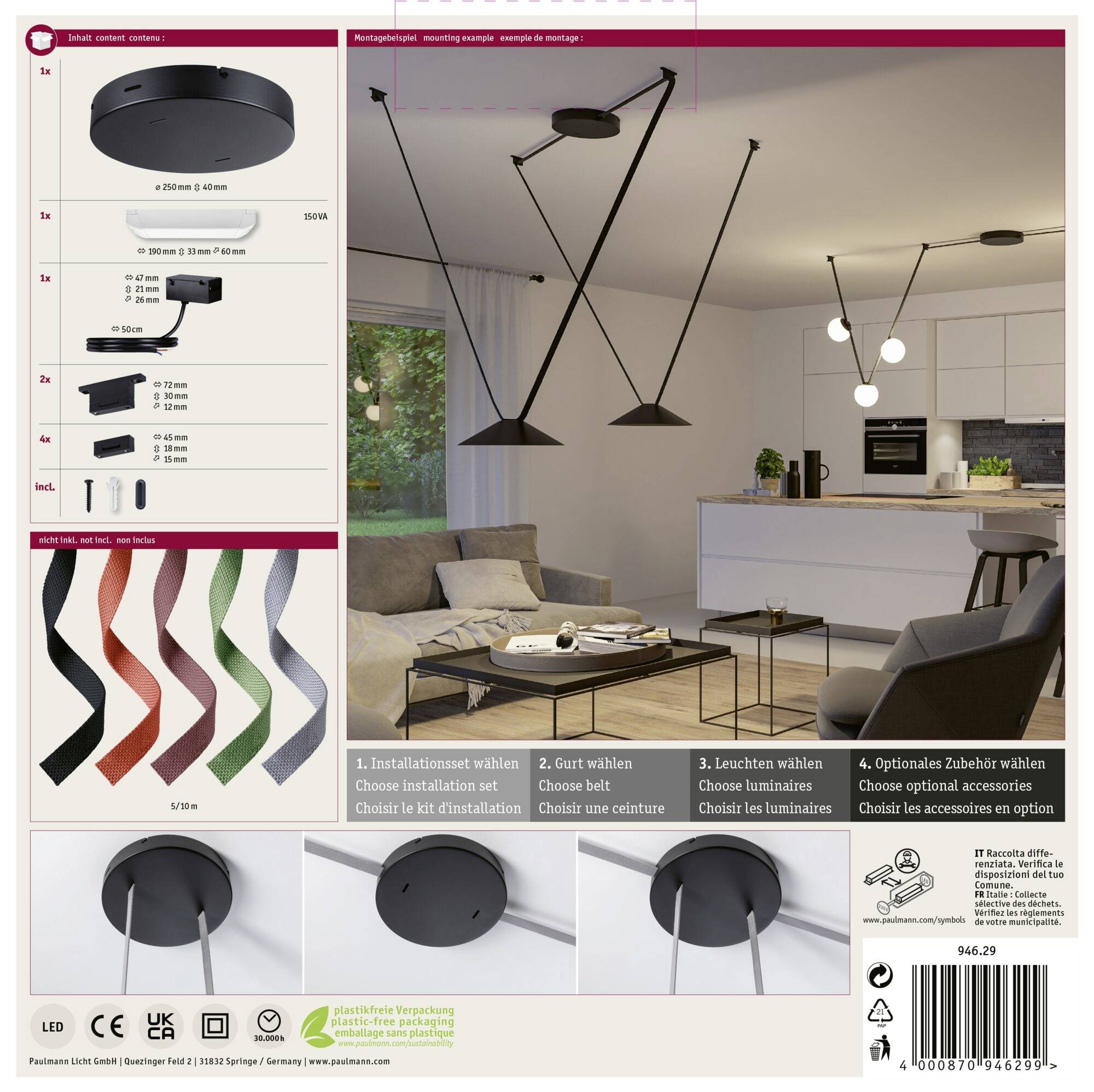 Paulmann 94629 Uline Niedervolt-Gurtsystem-Komponente Installations-Set Schwarz