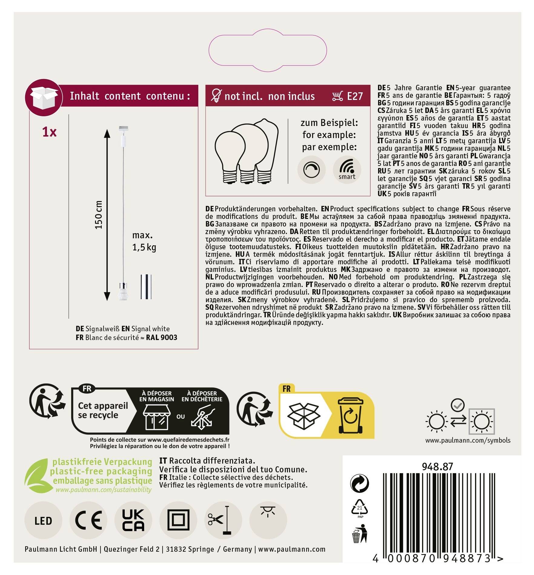 Paulmann 2EasyBasic Pend Hochvolt-Schienensystem-Leuchte URail E27 Weiß
