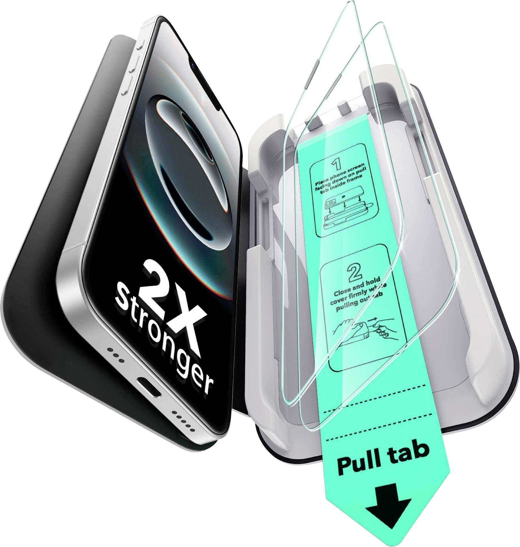 Handyverpackung mit Bildschirmfolie, die Anweisungen für das Anbringen zeigt, und einem Pfeil mit der Aufschrift 'Pull tab'.