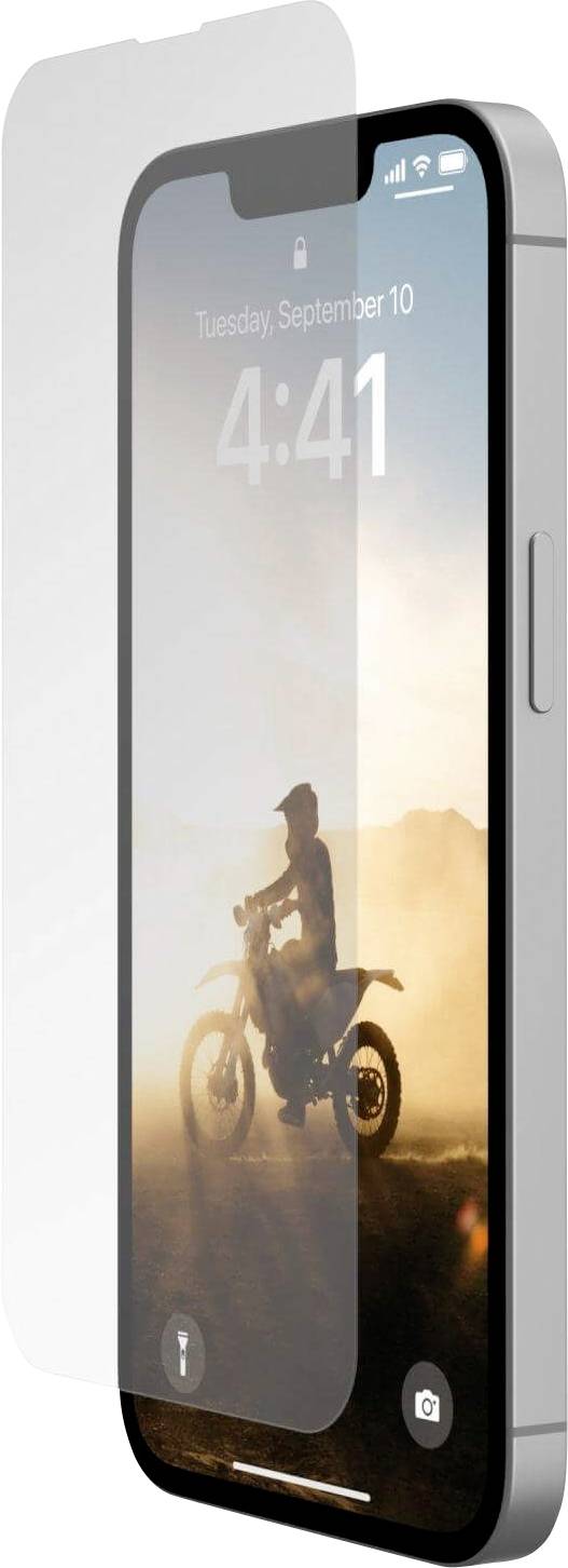 Schutzfolie auf einem Smartphone-Bildschirm; Hintergrundbild zeigt eine Person auf einem Motorrad bei Sonnenuntergang.