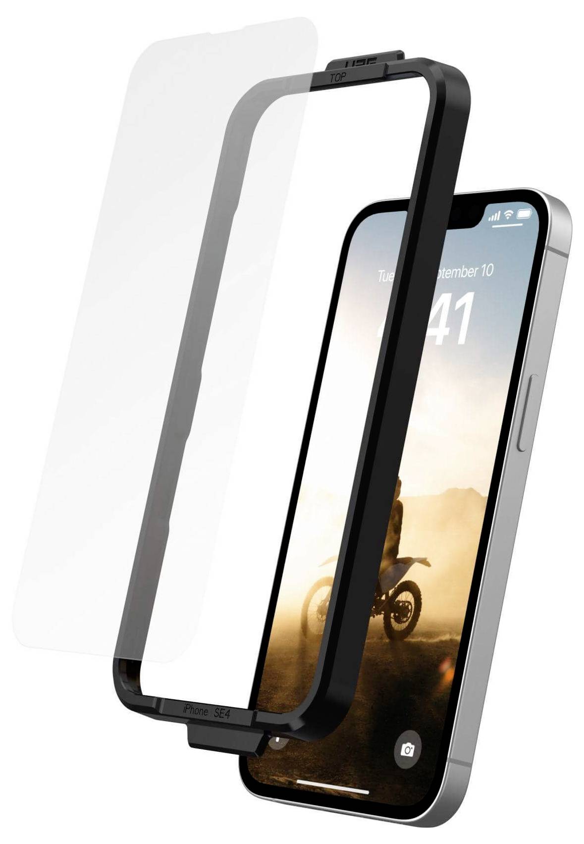 Schutzhülle und Schutzglas für Smartphone. Das Bild zeigt die Front eines Handys mit montiertem Schutzglas und einem schwarzen Rahmen.