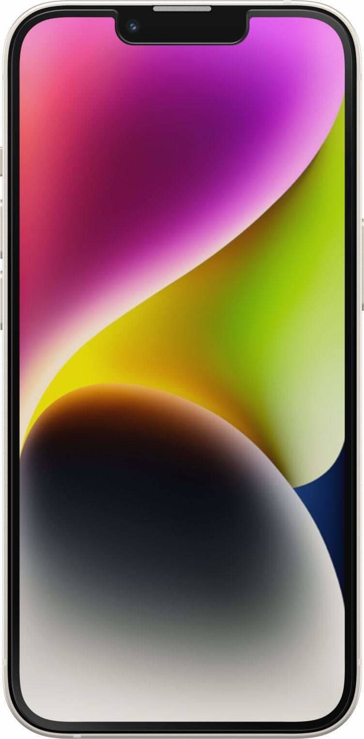 Smartphone mit leuchtendem, abstraktem farbigem Hintergrund auf dem Bildschirm. Der helle Hintergrund zeigt eine Mischung aus Rosa, Gelb und Grün.