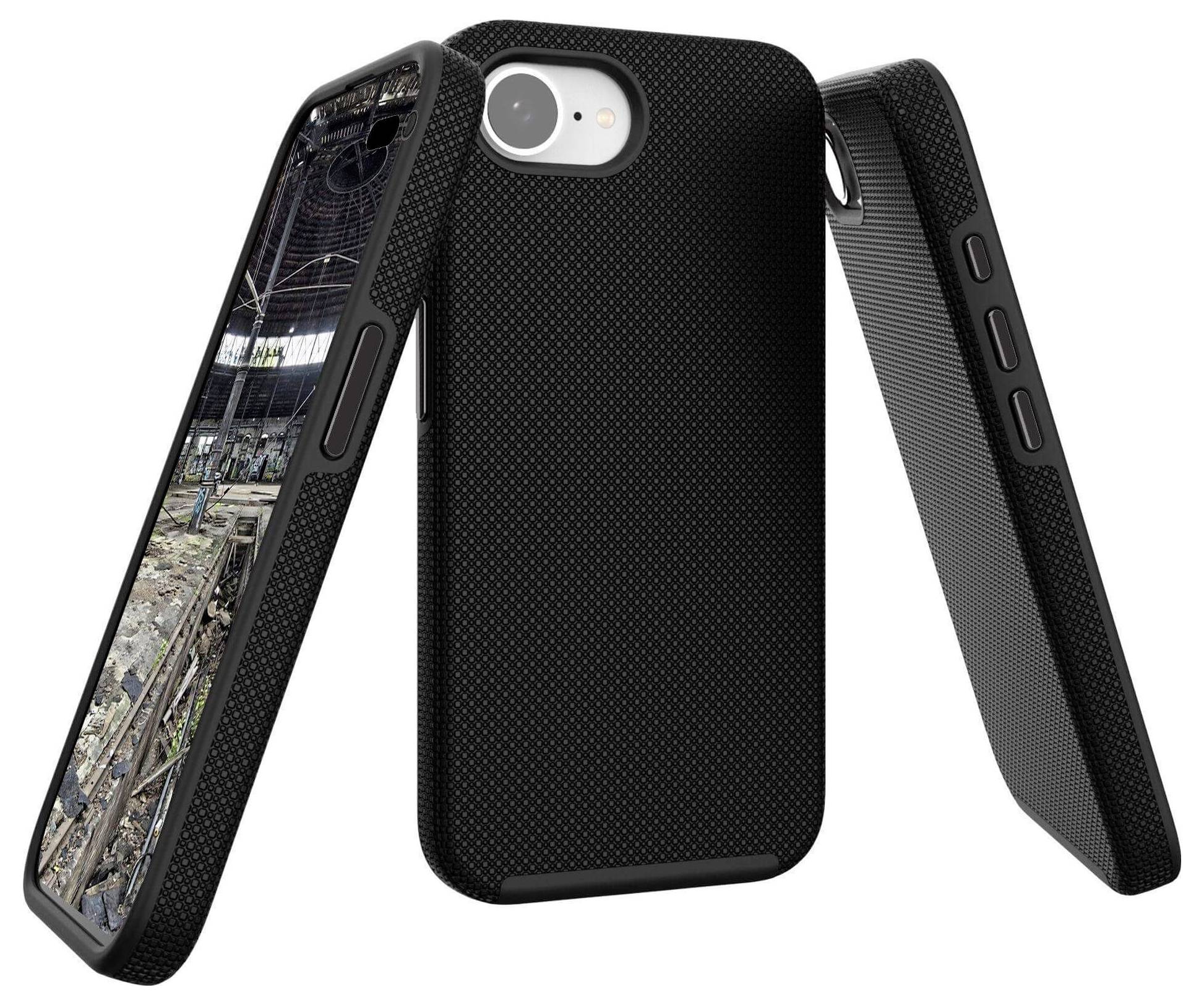 Drei schwarze Smartphone-Hüllen mit strukturiertem Design. Eine zeigt ein teilweise sichtbares Display mit einem Bild einer verlassenen Fabrikhalle.