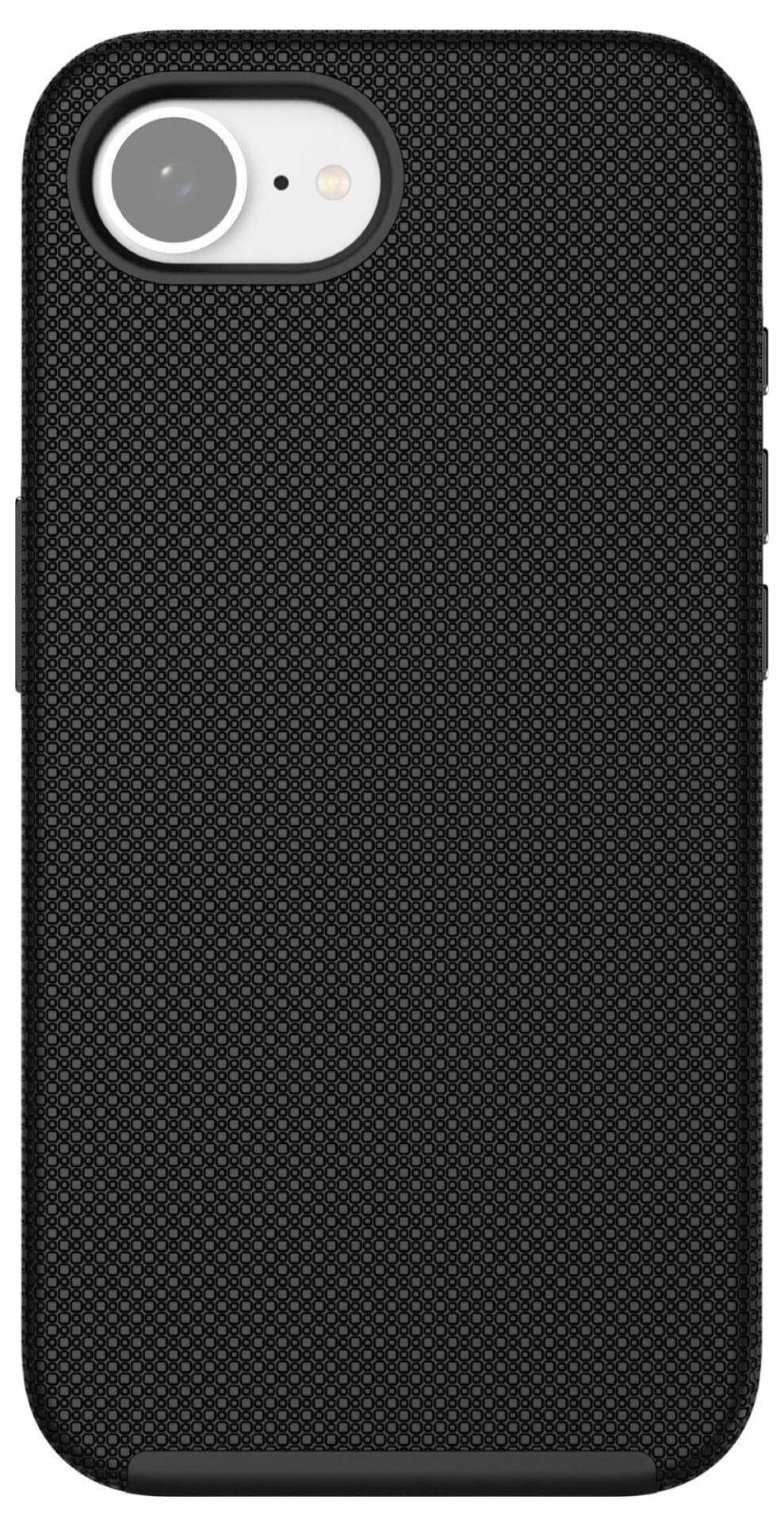 Schwarzes, strukturiertes Handycase, kompatibel mit einer Smartphone-Kameraaussparung oben links. Minimalistisches Design.