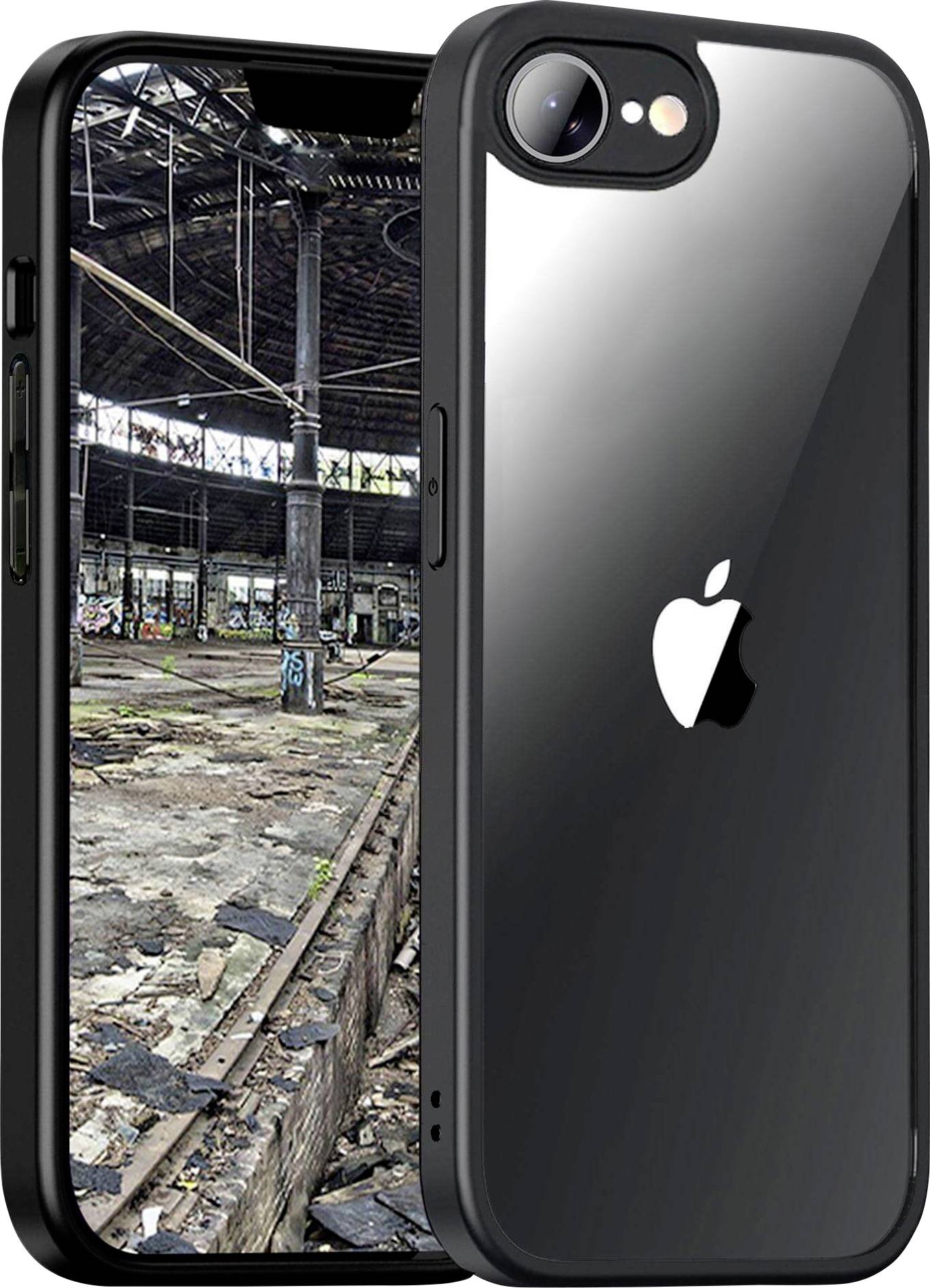 Ein Smartphone mit einem Bild von einem verlassenen, heruntergekommenen Gebäude auf dem Bildschirm. Das Telefon hat ein glänzendes Gehäuse.