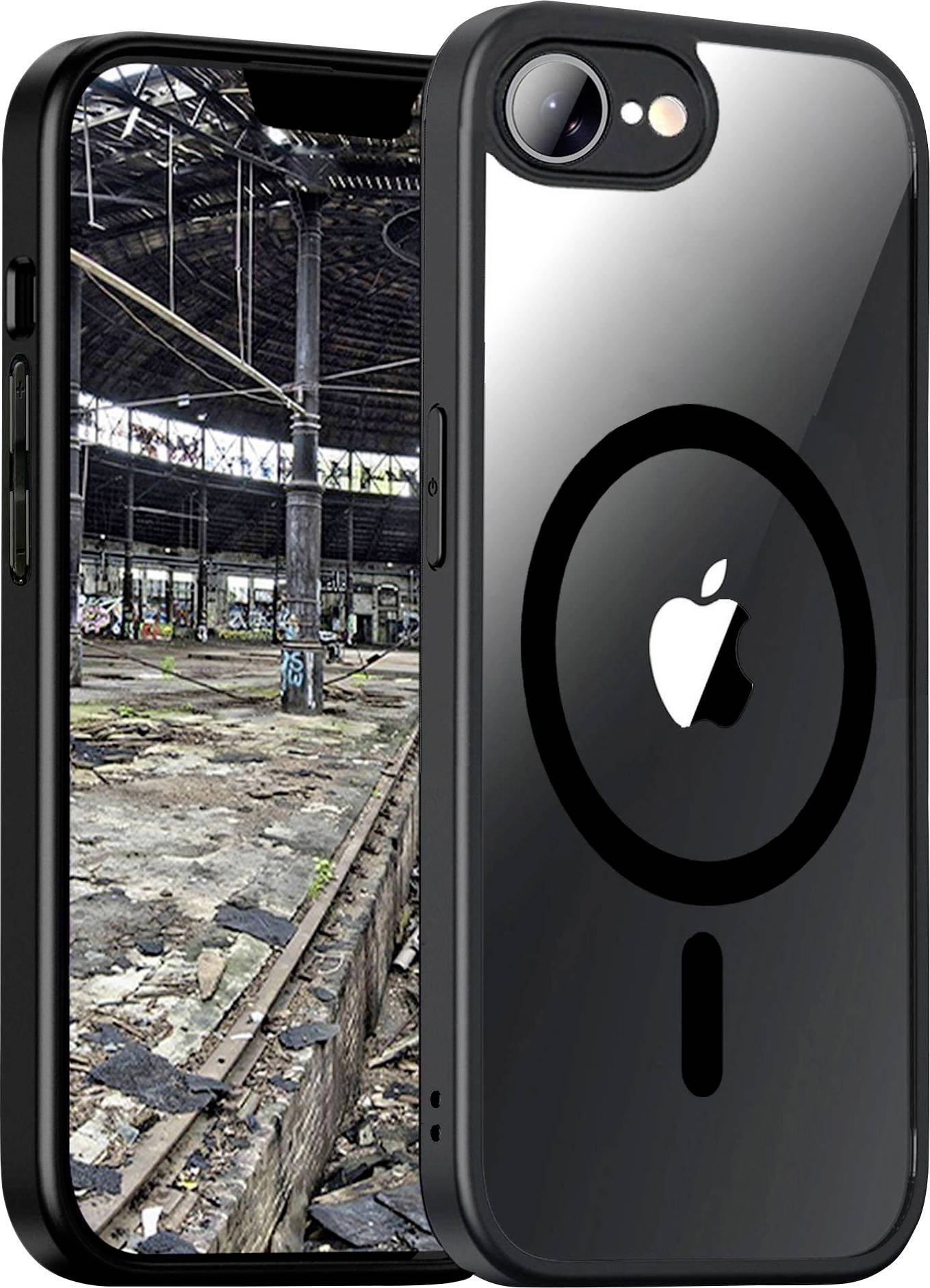 Screenshot eines Smartphones mit einem Bild eines verlassenen, graffiti-bedeckten Industriegebäudes im Hintergrund.