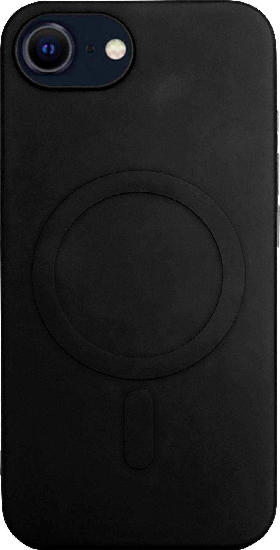 Schwarzes Smartphone mit Kamera und runder Magnetzone auf der Rückseite, geeignet für magnetische Ladegeräte und Zubehör.