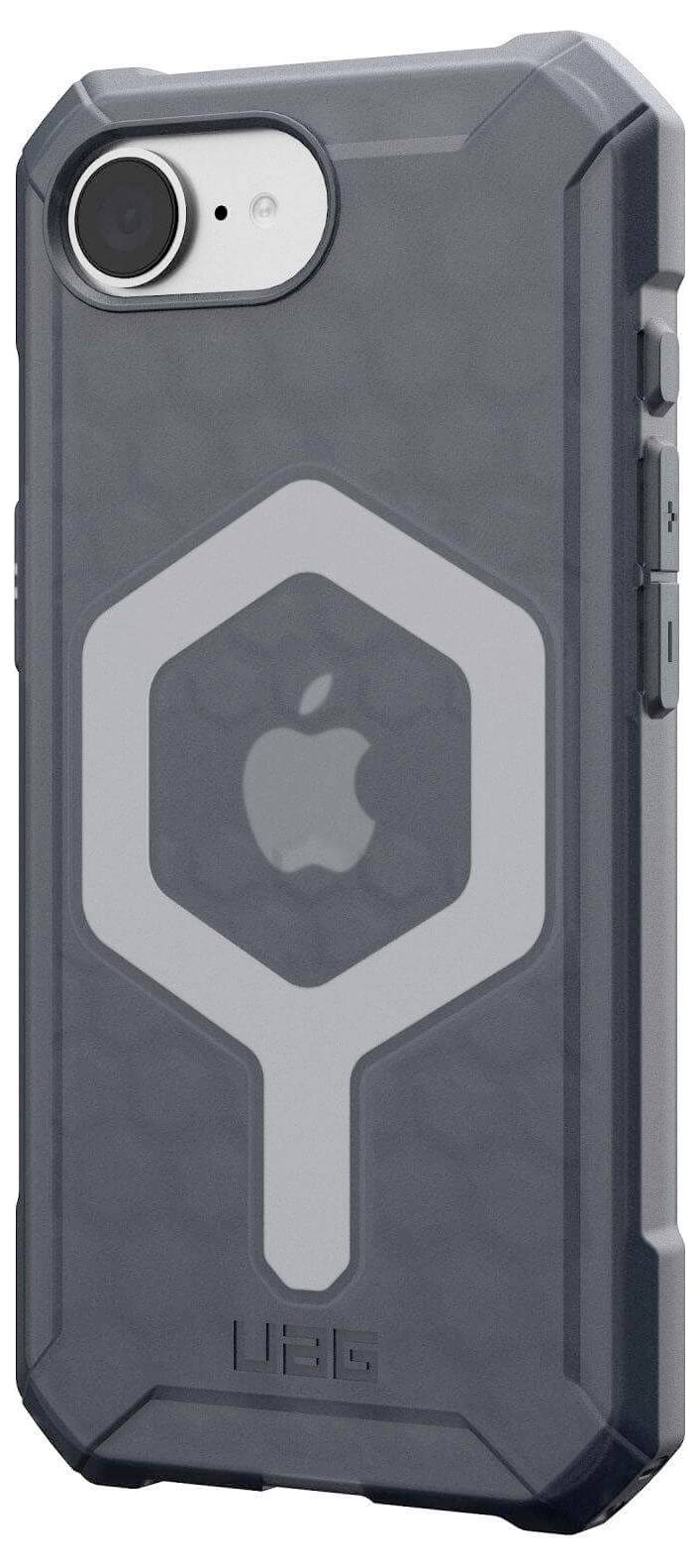 Schutzhülle für ein Smartphone mit robustem Design, grauer Farbe und großem, weißem, stilisiertem Apfel-Logo auf der Rückseite.