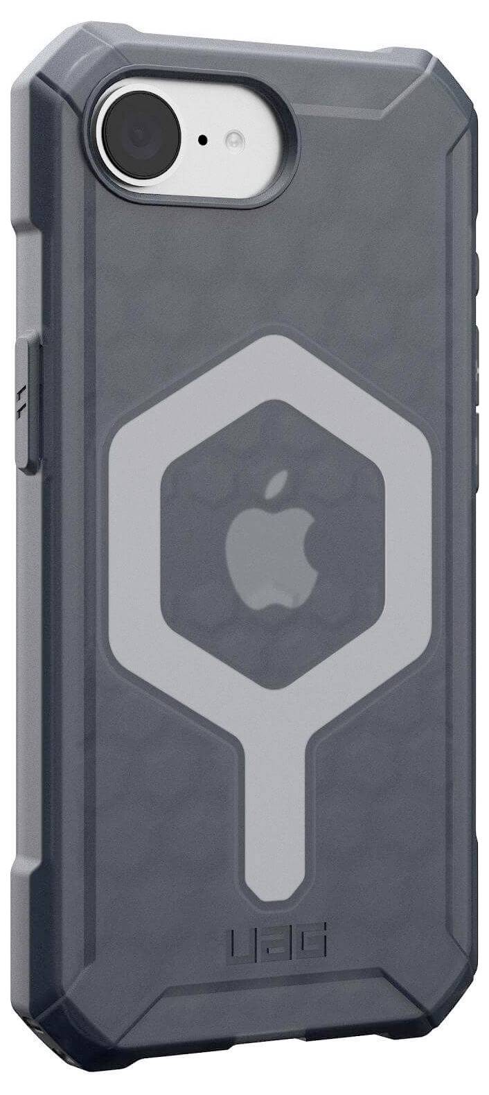 Grau-schwarzes, robustes Handycase mit hellem, sechseckigem Design und einem Apple-Logo in der Mitte.