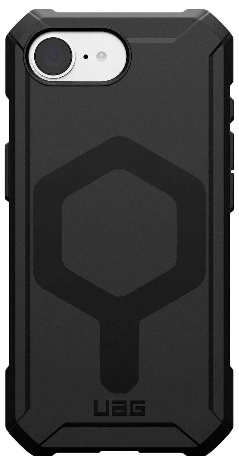 Schwarzes, robustes Smartphone-Case mit hexagonalem Muster auf der Rückseite, Markenlogo 'UAG' unten sichtbar. Schutz und Haltbarkeit.