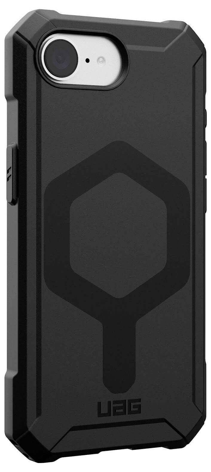 Schwarze robuste Schutzhülle für ein Smartphone. Das Design zeigt ein hexagonales Muster und bietet Schutz vor Stößen und Kratzern.