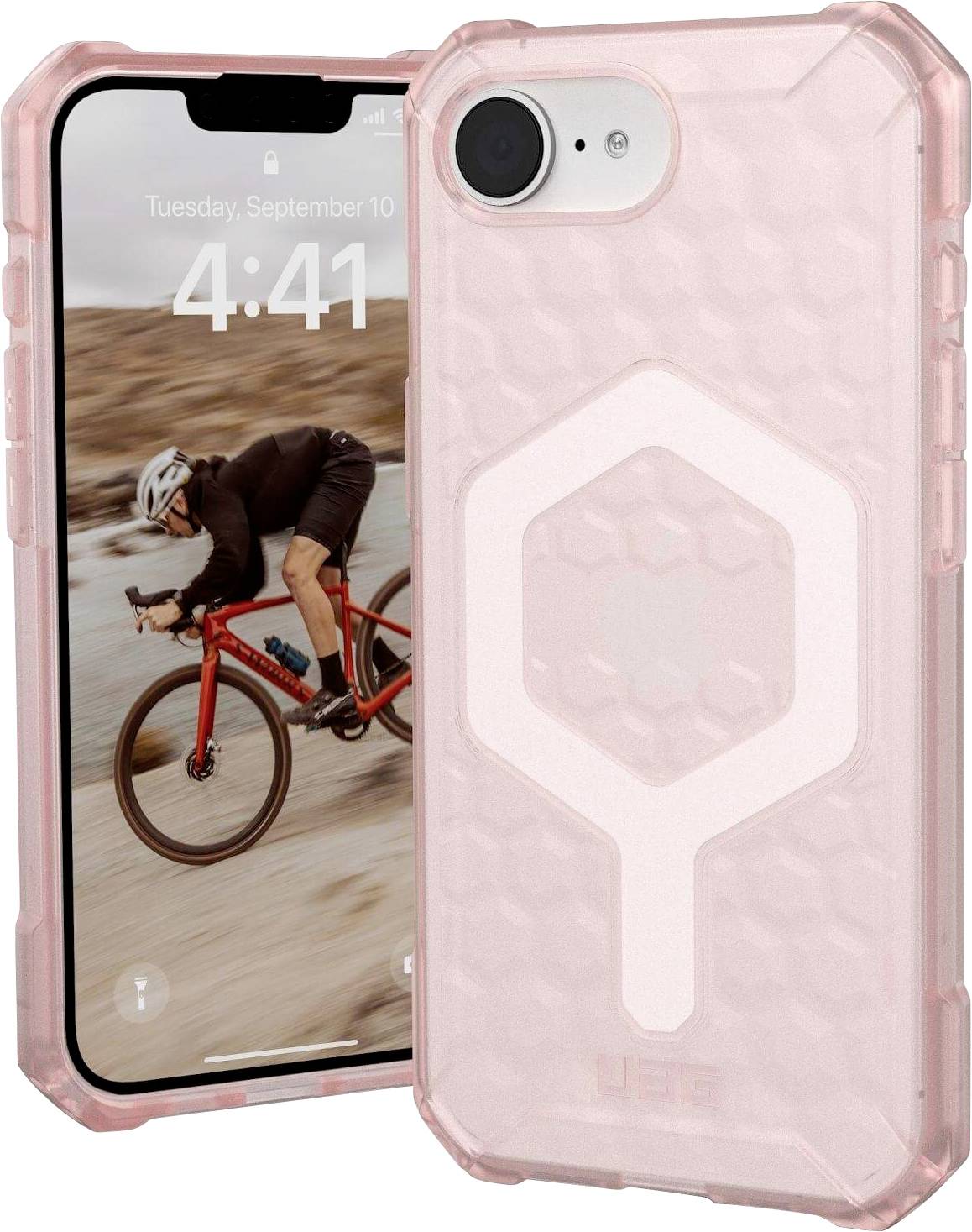 Ein Smartphone mit einem rosafarbenen, strukturierten Schutzgehäuse. Auf dem Bildschirm ist ein Radfahrer in Bewegung zu sehen.