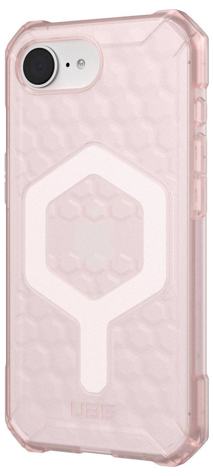 Transparente, rosa Handyhülle mit wabenartigem Muster. Sie bietet Schutz für ein Smartphone und hat präzise Aussparungen für Kamera und Tasten.