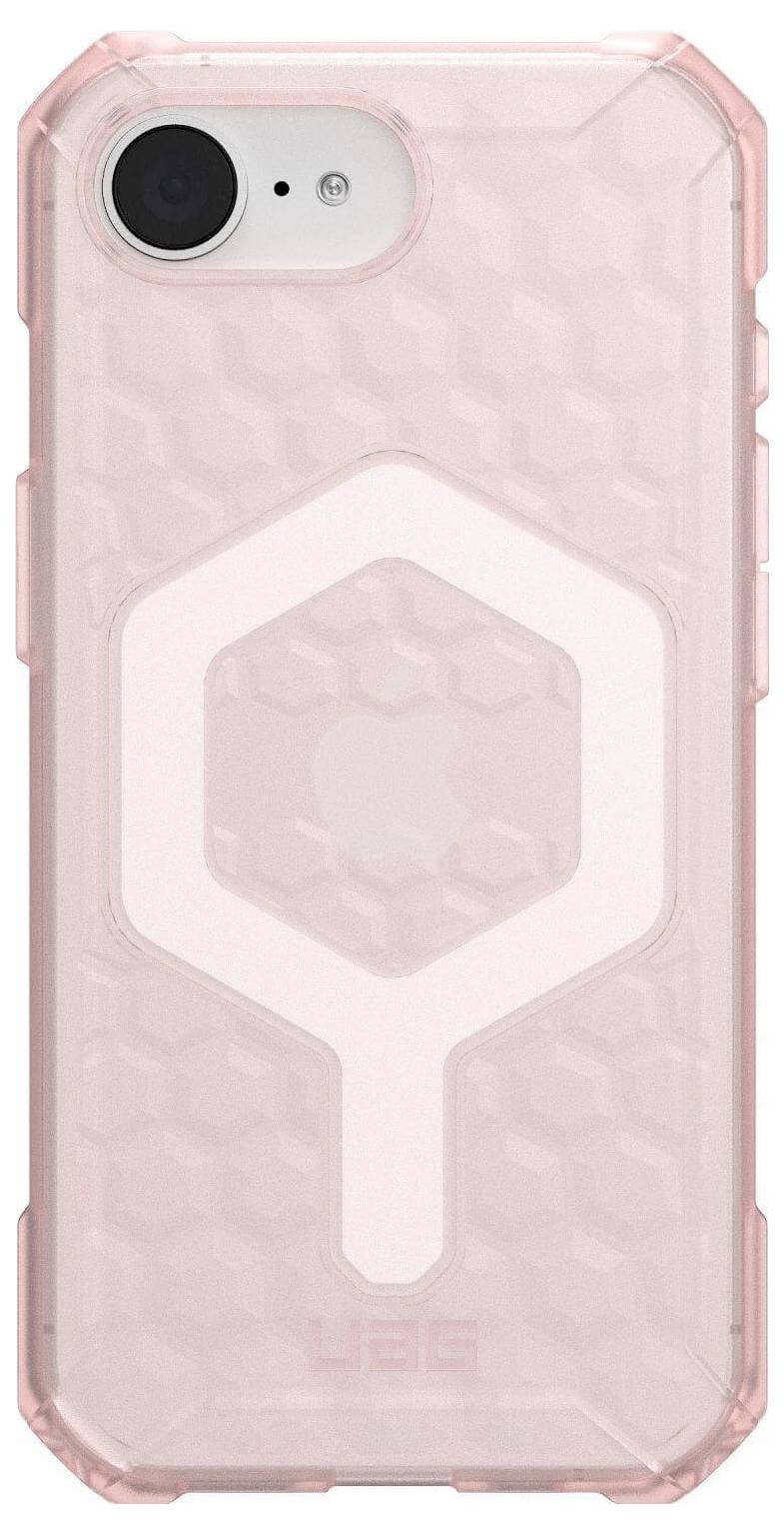 Durchsichtiges rosafarbenes Smartphone-Case mit geometrischem Muster und verstärkten Ecken, bietet Schutz und stilvolles Design.