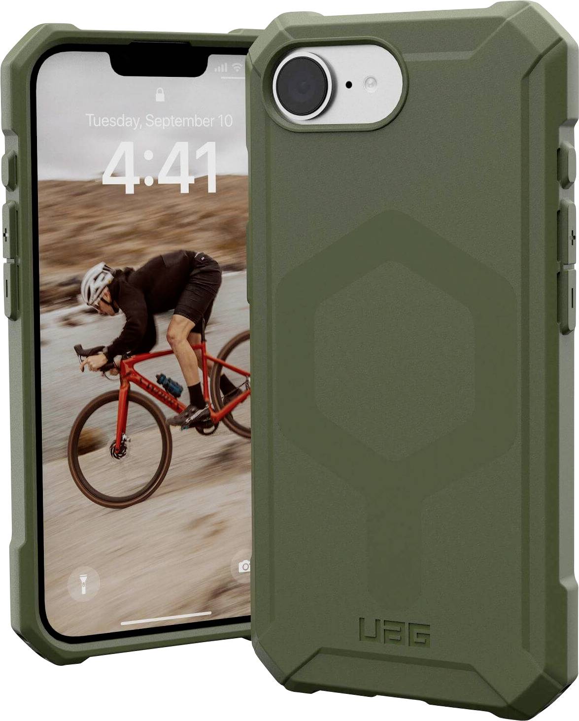 Zwei robuste Handyhüllen in Grün, eine zeigt ein Bild eines Radfahrers auf dem Bildschirm des Smartphones.