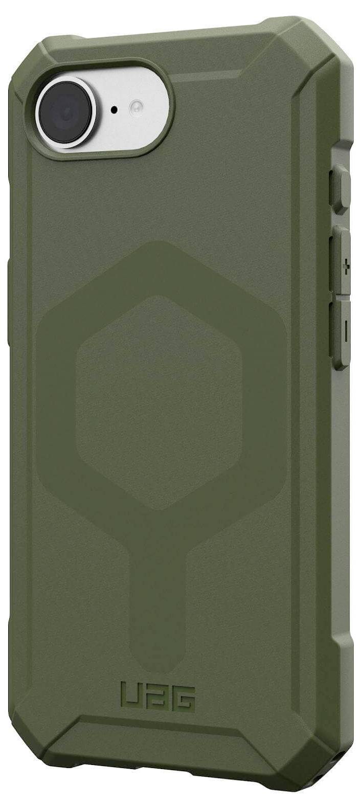 Grünes Smartphone-Case mit robustem, geometrischem Design und Schutzverstärkungen, passend für ein kleines Smartphone-Modell.