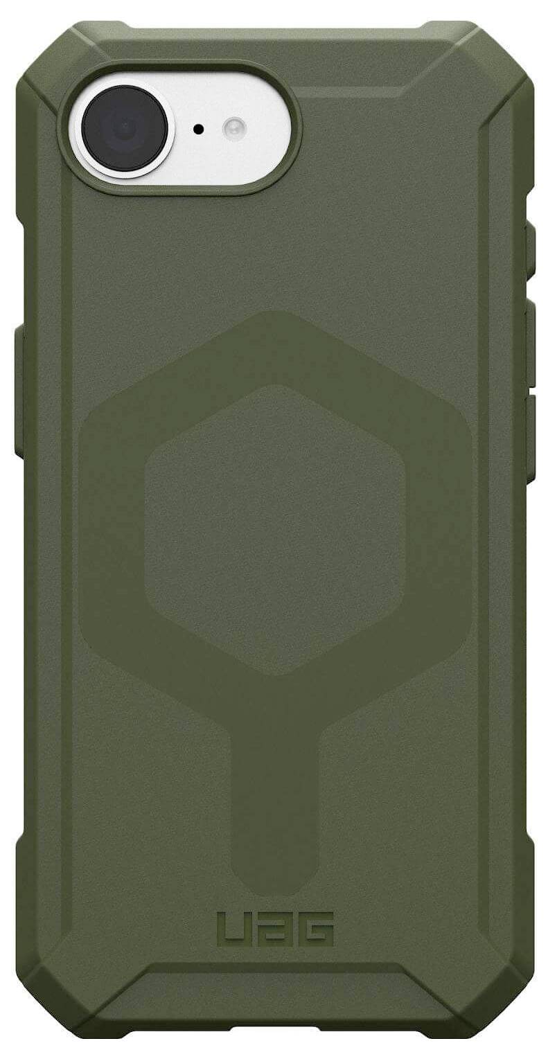 Grüne schützende Handyhülle mit robustem Design und Markenlogo unten. Sie ist für ein Smartphone konzipiert.