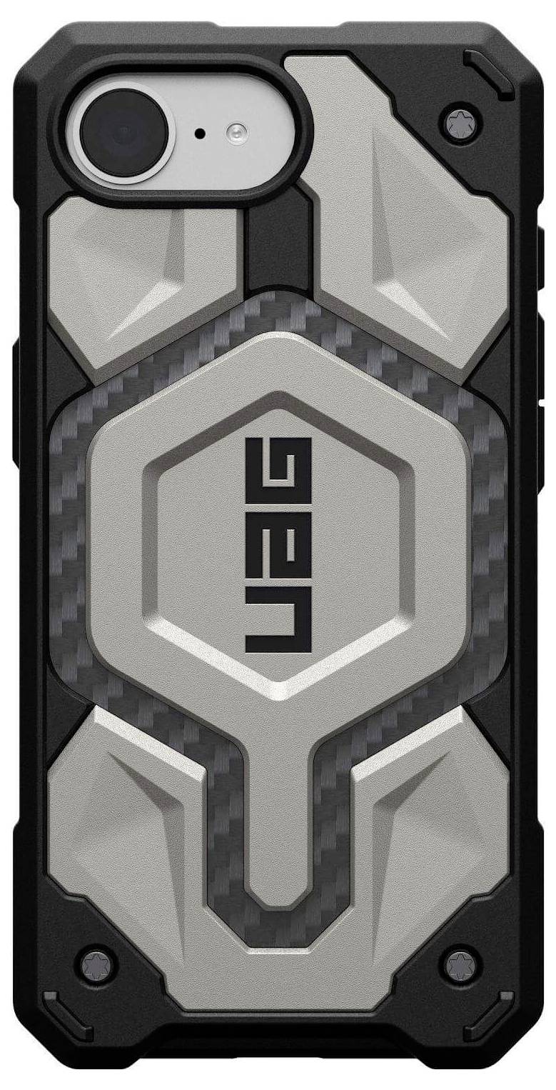 iPhone-Hülle mit modernem, robustem Design. Geprägt durch geometrische Muster in Grau und Schwarz. Markierung 'UAG' sichtbar.