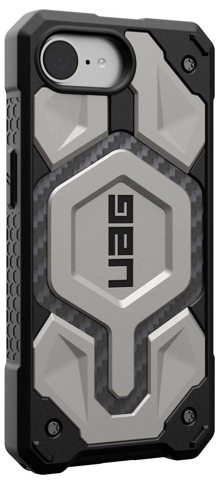 Eine robuste, graue Handyhülle mit schwarzem Rahmen und geometrischem Design, optimiert für Schutz und Stil.