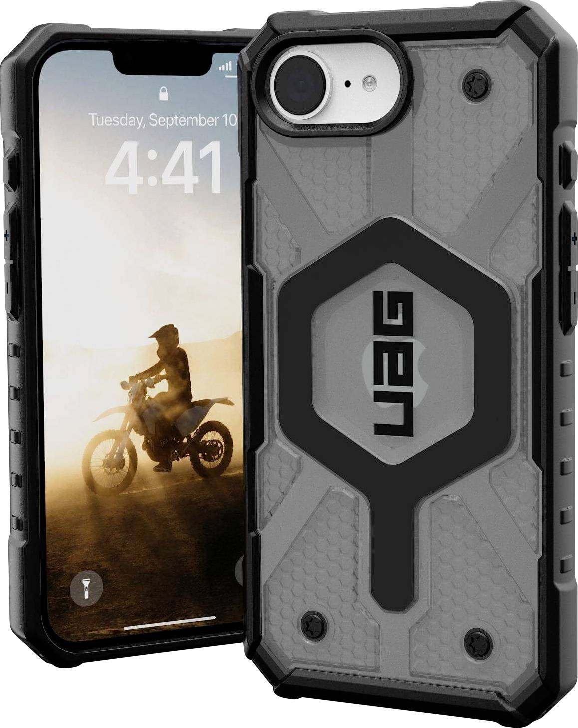 Robuste Smartphone-Hülle von UAG vor einem Handy mit einem Bild eines Motocross-Fahrers im Sonnenuntergang auf dem Display.