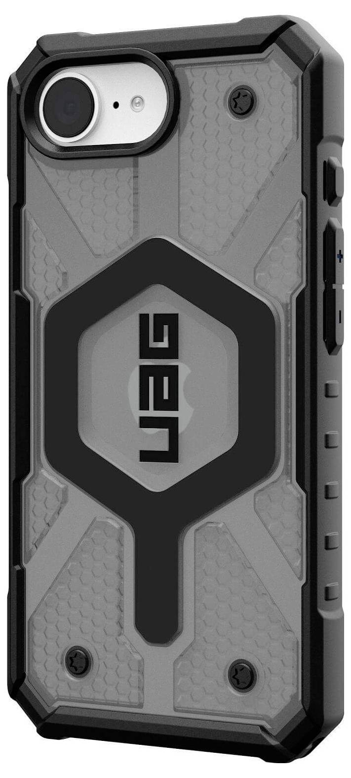 Ein Handy in einer robusten, grauen Schutzhülle mit der Aufschrift 'UAG+'. Die Hülle hat ein industrielles Design mit verstärkten Kanten.