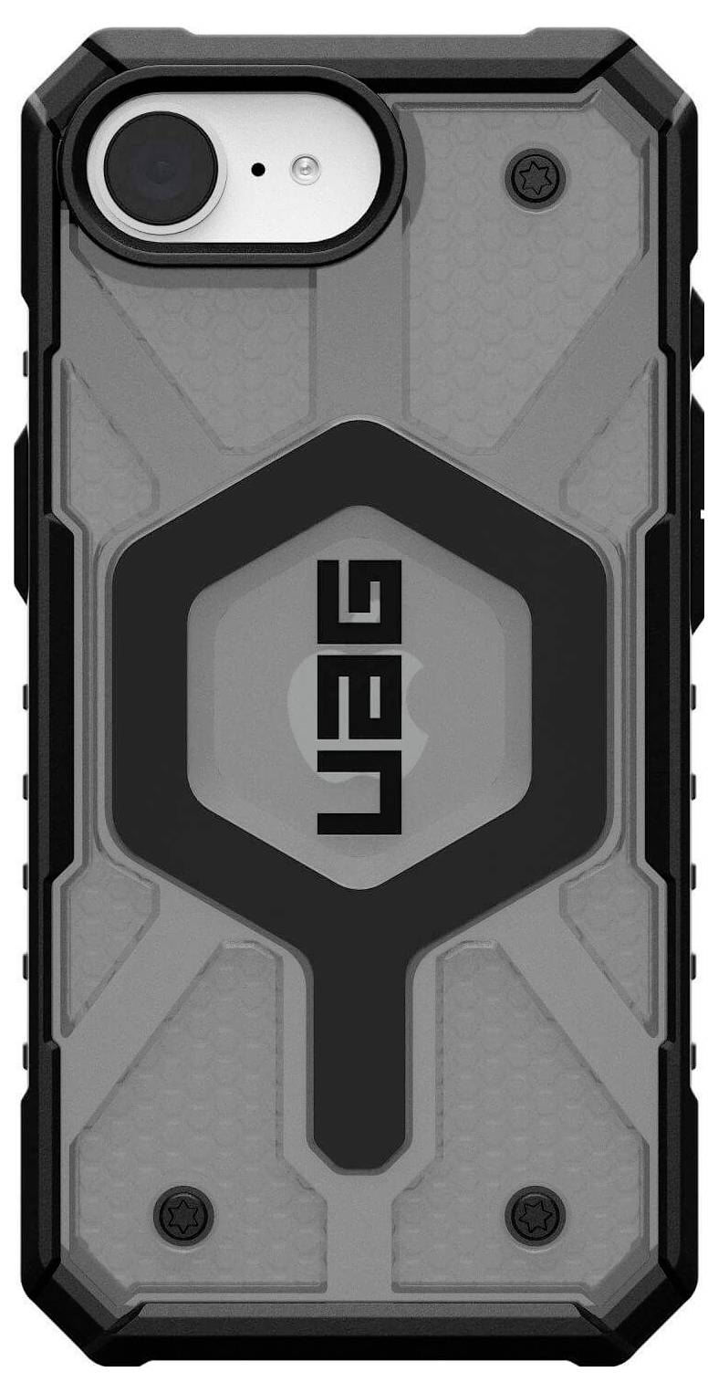 Smartphone in einer robusten, grau-schwarzen Schutzhülle mit auffälligem Design. Hülle hat ein hexagonales Muster und Logo in der Mitte.