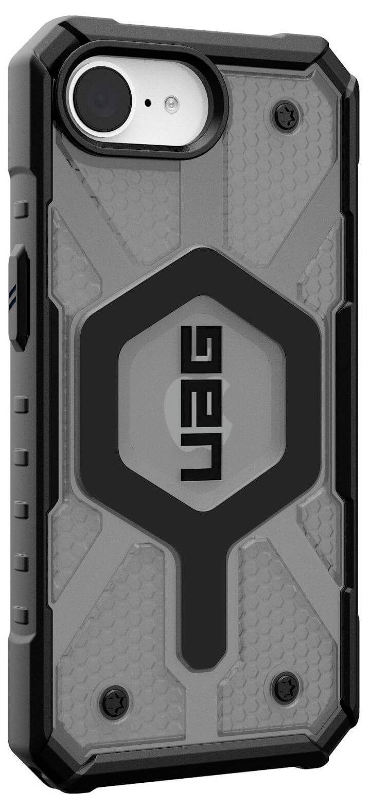 Ein robustes Smartphone-Case mit grauem und schwarzem Design, markantem Muster und einem großen Kameraausschnitt oben links.