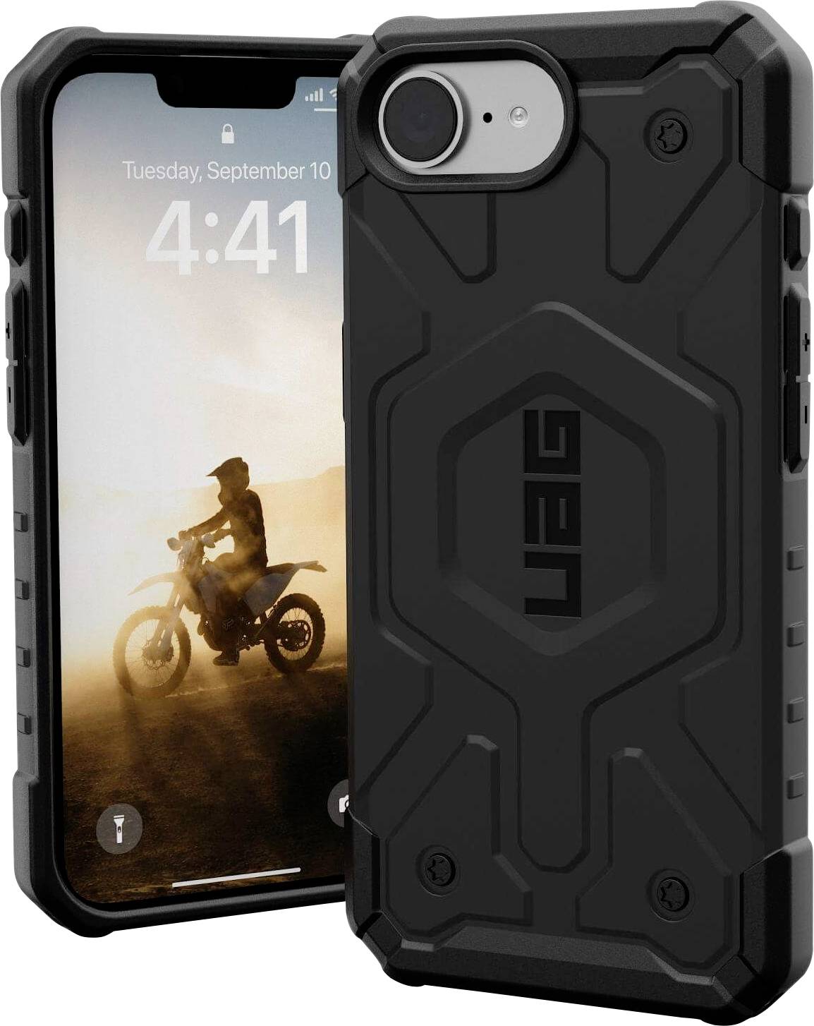 Schwarzes, robustes Handycase von UAG für ein Smartphone, präsentiert vor einem Handybildschirm mit einem Motorradfahrer in einer Wüstenlandschaft.